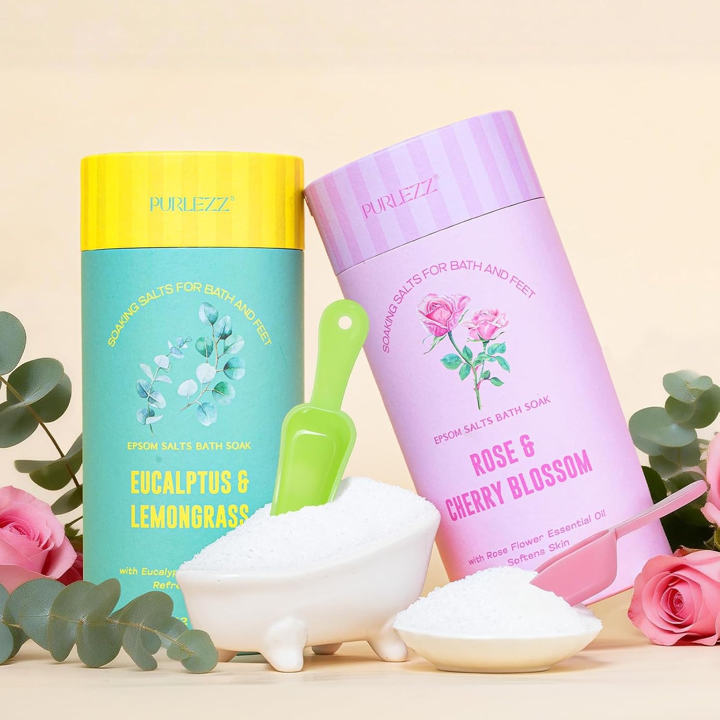 Gifts for Women Floral Epsom Salt Gift Set Spa Gift Basket, Self Care Salt | Epsom Bath Salts Gift Basket Set Bath Salt in Elegant Box, Gifts for Mom, Her, cherry blossom, Eucalyptus, Lemongrass, Rose