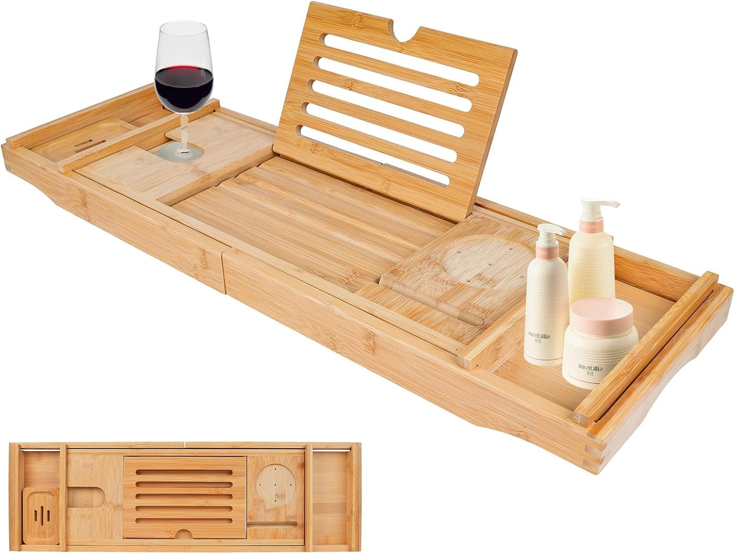 Bathtub Tray Caddy,Bamboo Bathroom Accessories,Expandable Bath Tray,Can be Placed Book and Integrated Tablet Smartphone and Wine Holder,Relaxing Gifts for Women(Natural)