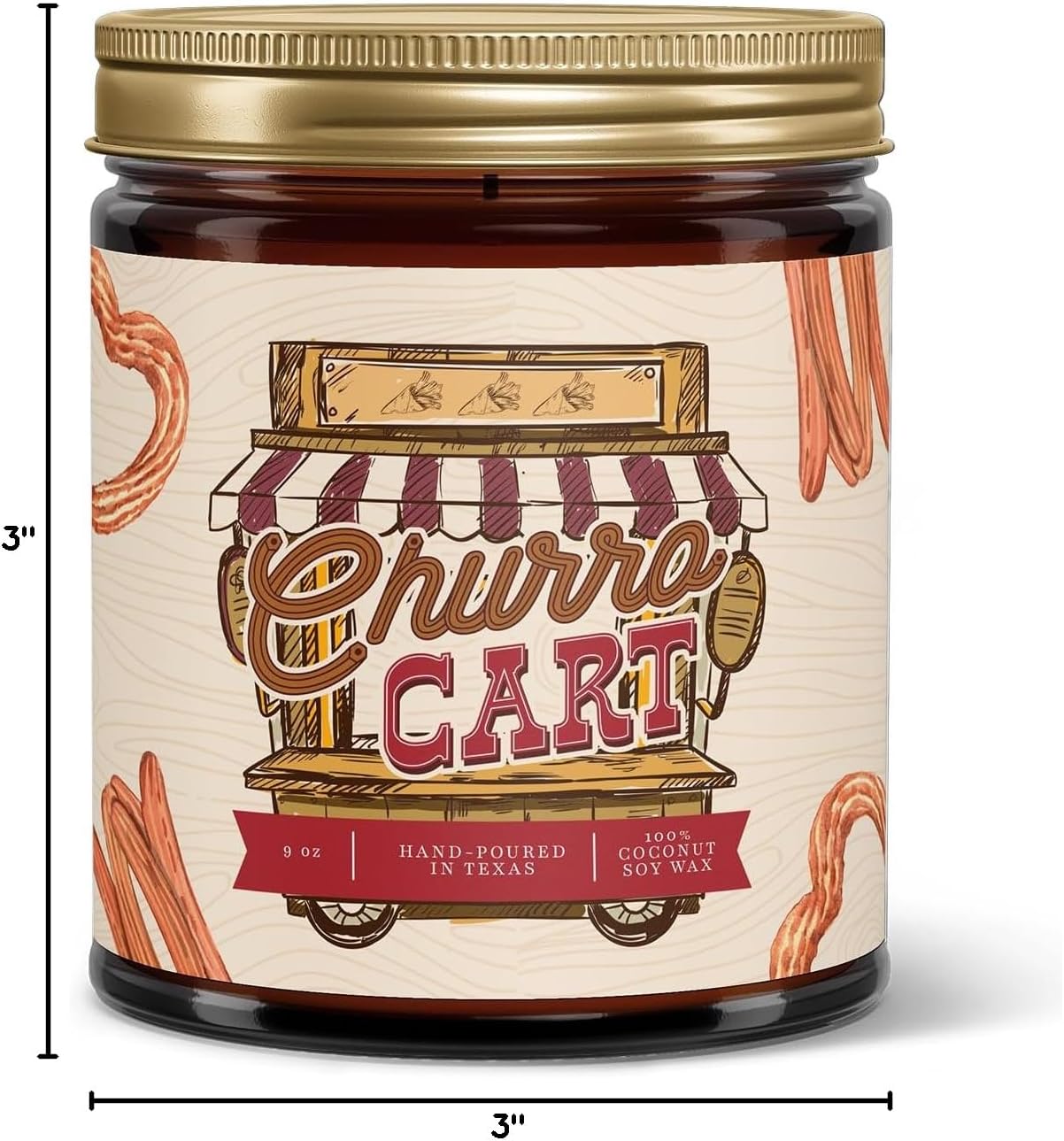 Fantaswick's Churro Cart Scented Candle | 100% Natural Coconut Soy Wax & Cotton Wick in Amber Candle Jar | Hand-Poured in Texas | 9oz