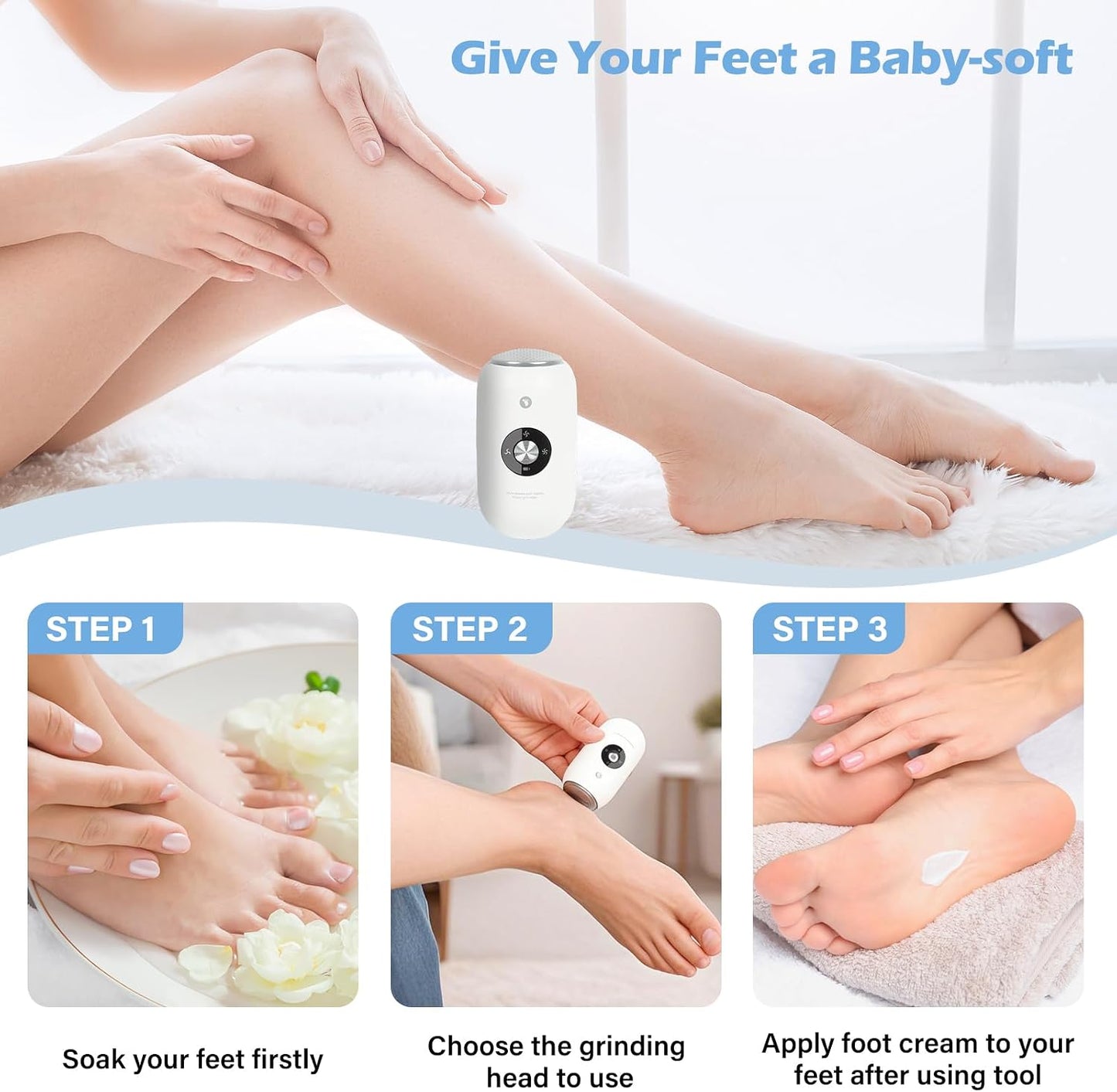 Electric Foot Callus Remover Grinder - Rechargeable Pedicure Tools Callus Remover for Feet Foot Scrubber File Foot Care with 3 Speeds 2 Stainless Grinding Heads for Hard Cracked Dry Dead Skin