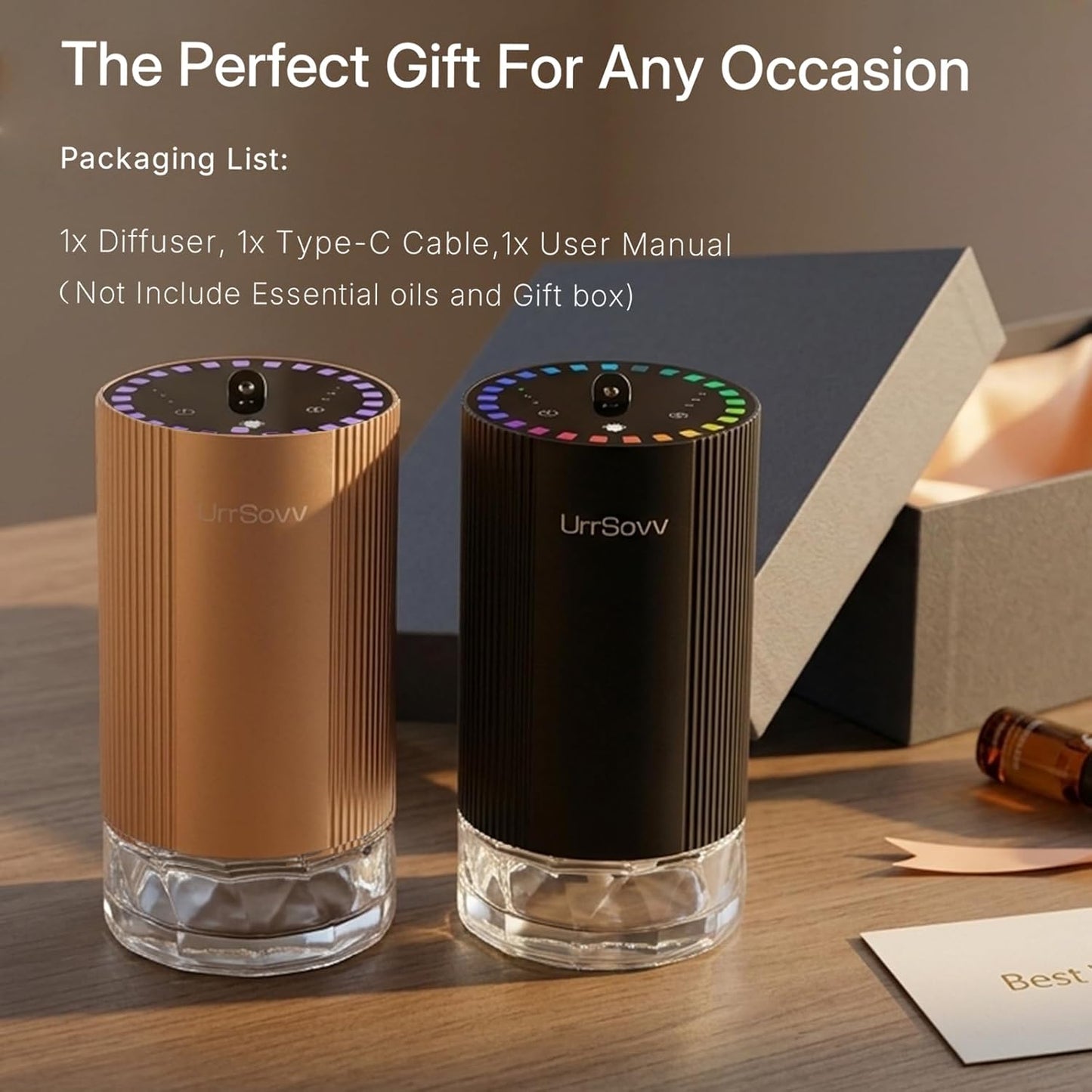Waterless Car Diffuser for Essential Oils Wireless Battery Operated Car Diffuser Portable Cordless 60ML Air Freshener Diffuser 3 Timers & 3 Mist Levels for Car Home Bedroom Travelling (Gold)