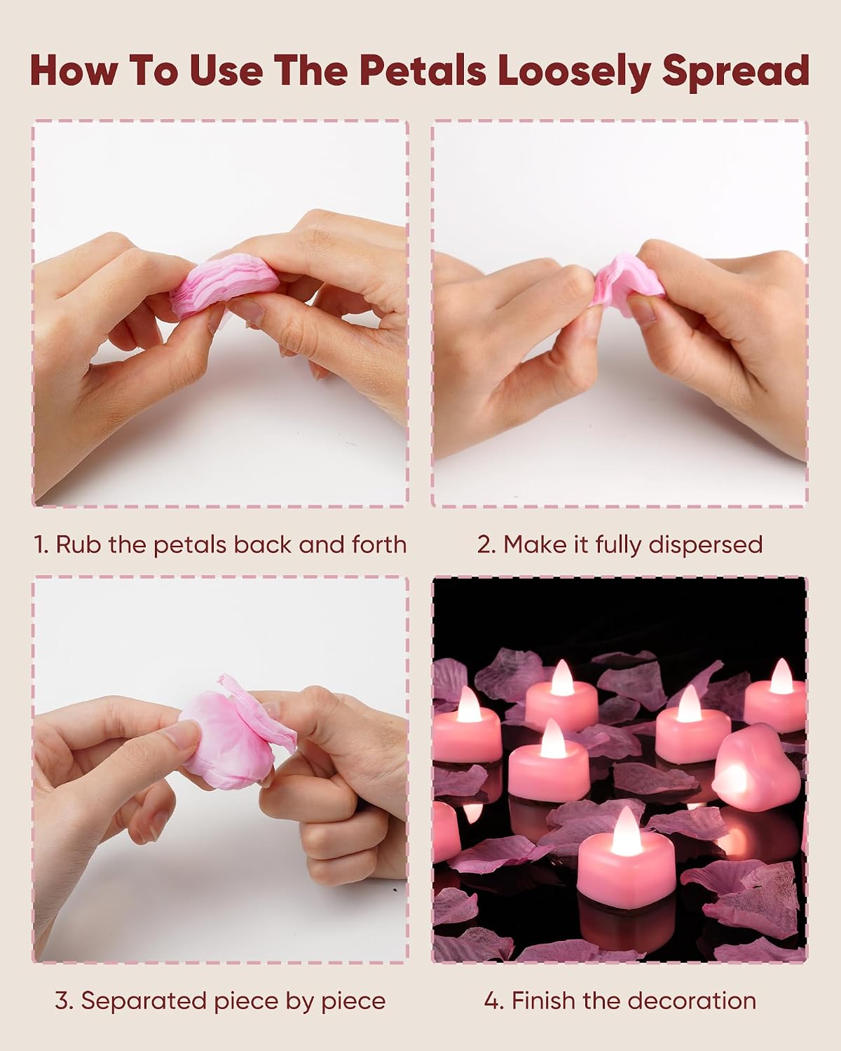 Amagic 4000 Pieces Pink Artificial Rose Petals with 50 Pink Heart LED Tea Lights, Rose Petals and Candles Set for Proposal, Anniversary, Romantic Night, Wedding Decor