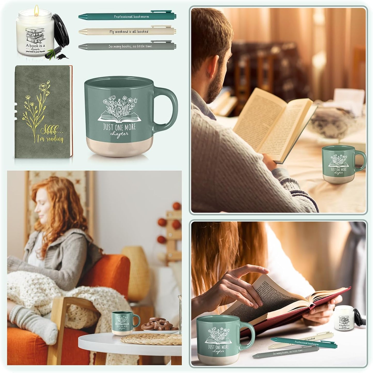 Baderke Book Lover Gifts for Women Men 6 Pcs Bookish Reading Accessories A6 Notebook Ballpoint Pen Ceramic Cup Candle Book Club Gift for Bookworm Reader Librarian Teacher(Green)
