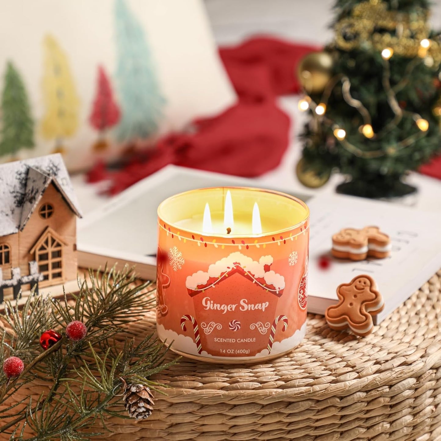 Christmas Scented Candles, Gingerbread Scented Candle, Large 3 Wicks Candle, 14 oz, Christmas Candles Gift