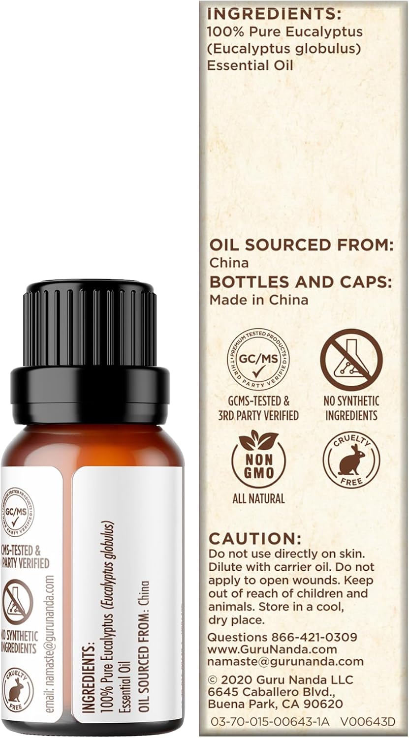 GuruNanda Eucalyptus Essential Oil -100% Pure, Natural and Undiluted Aromatherapy Oil for Diffusers - Aids in Congestion Relief - Perfect for Massages (0.5 Fl Oz) (Pack of 2)