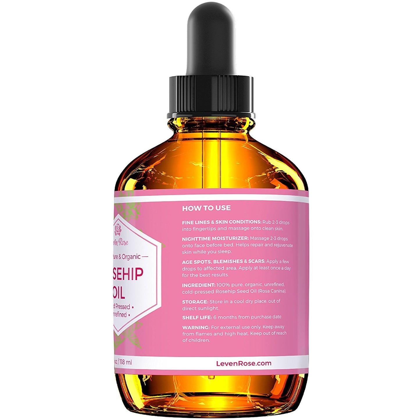 Leven Rose Pure Rosehip Oil for Face Organic Cold Pressed 4 oz - Rose Hip Seed Oil, Unrefined for Nighttime Face Moisturizer for Hair, Skin & Nails
