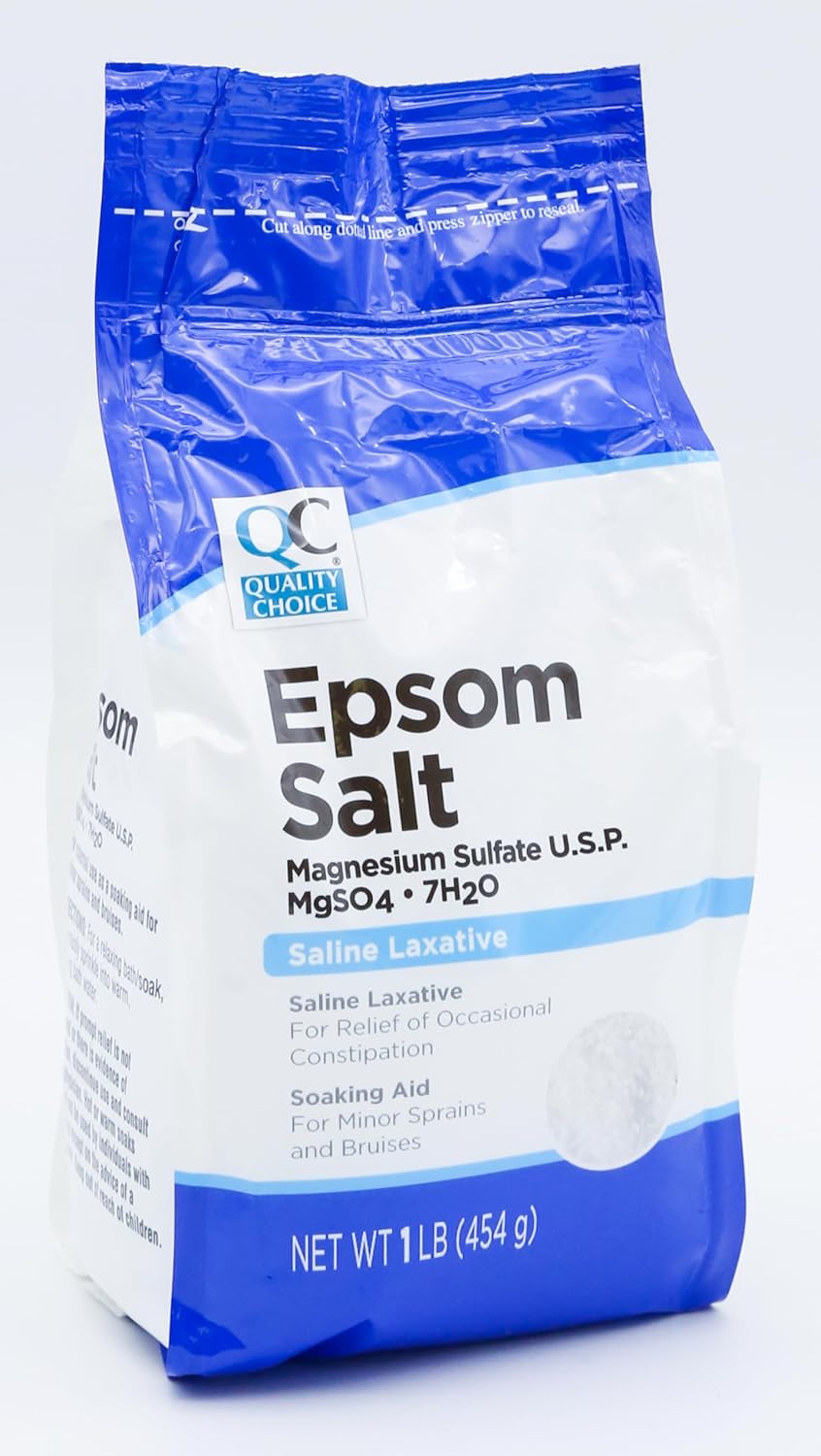Quality Choice Epsom Salt, Magnesium Sulfate, Soaking Solution for Aches, Pains, Sprains or Bruises. Dual Purpose as Saline Laxative When Dissolved in A Drink as Instructed. 1 Pound Bag.