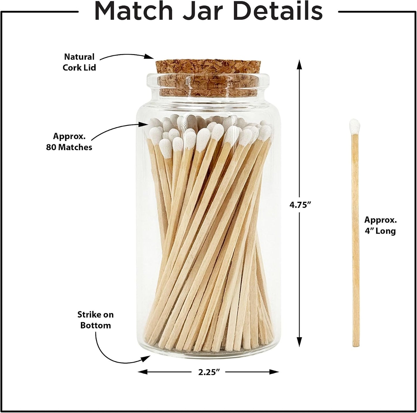 Old Fashion Wooden Matches in a Jar with Striker | Decorative Matches for Candles | Long Matches for Candles in Apothecary Glass Jar | Approx. 80 Safety Matches for Home Decor & Bathroom