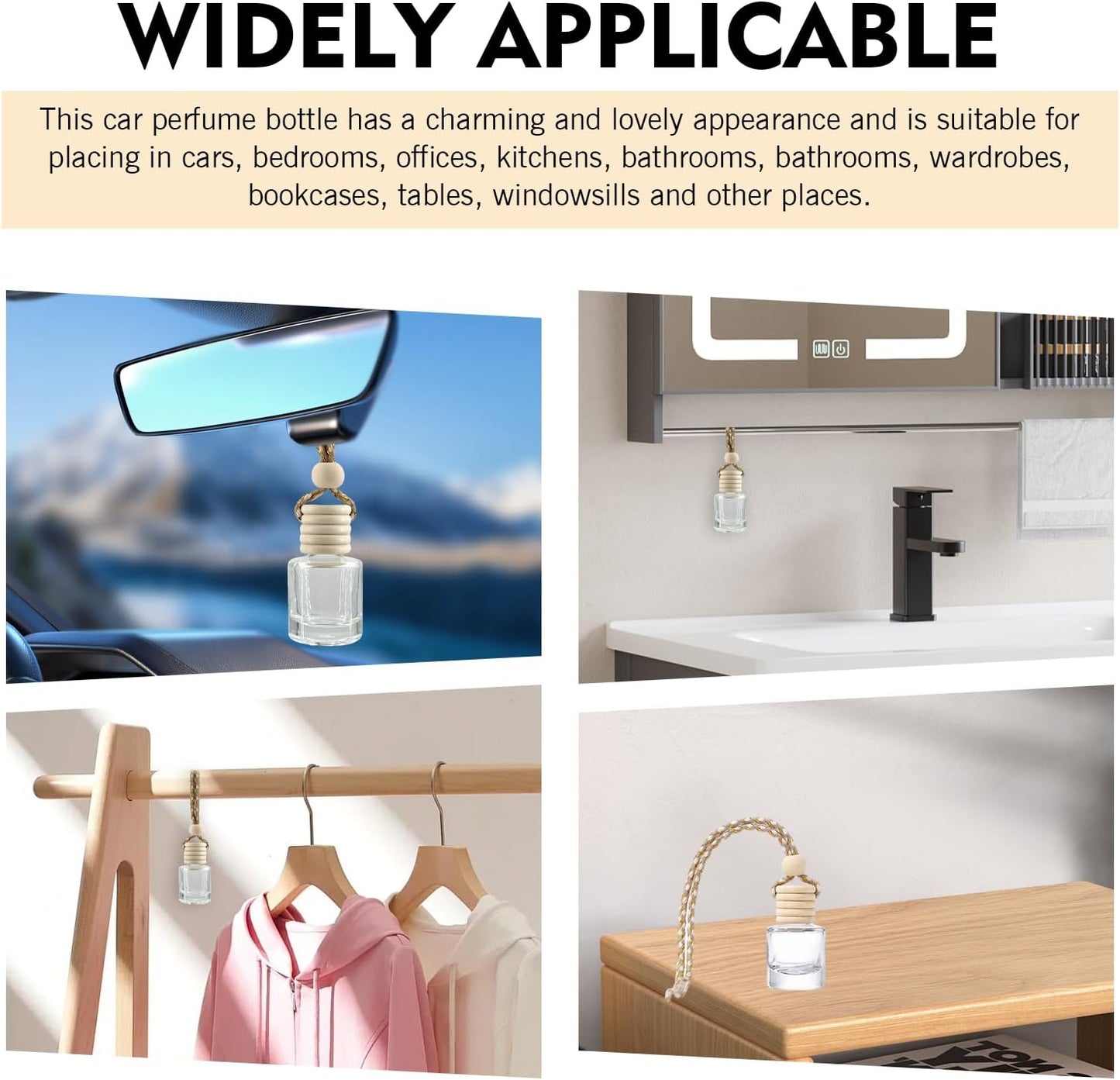 5 PCS Car Diffuser Air Freshener Bottles with Hanging Rope, 8 ML Refillable Empty Glass Essential Oil Diffuser Vent Clip & Wooden Caps Sticks, Universal Aromatherapy Diffusers for Most Cars