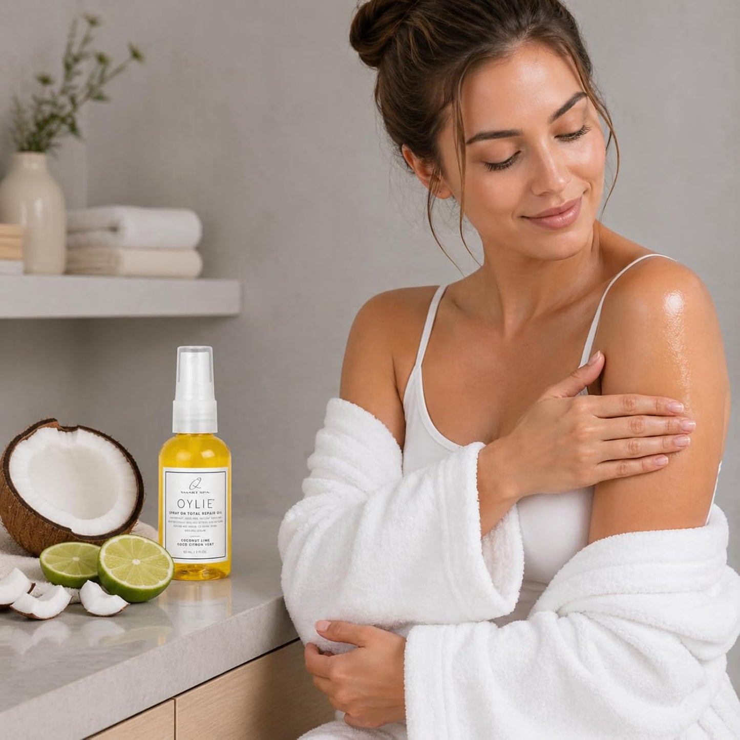 QTICA Oylie Spray On Total Repair Body Oil | Lightweight Spray Oil with Natural Jojoba & Argan Oil for Instant Moisture Smooth Finish Deep Hydration Soft Supple Looking Skin 2oz (Coconut Lime)