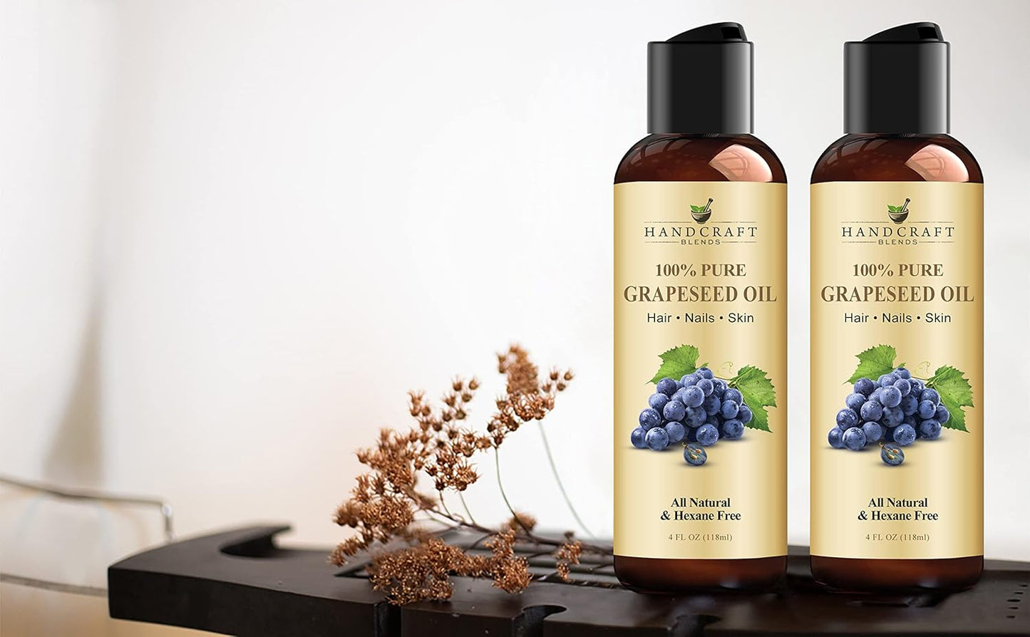 Handcraft Blends Grapeseed Oil - Cold-Pressed 4 Fl Oz - 100% Pure and Natural - Premium Grade Carrier Oil for Skin and Hair - Hair and Body - Massage - Hexane-Free