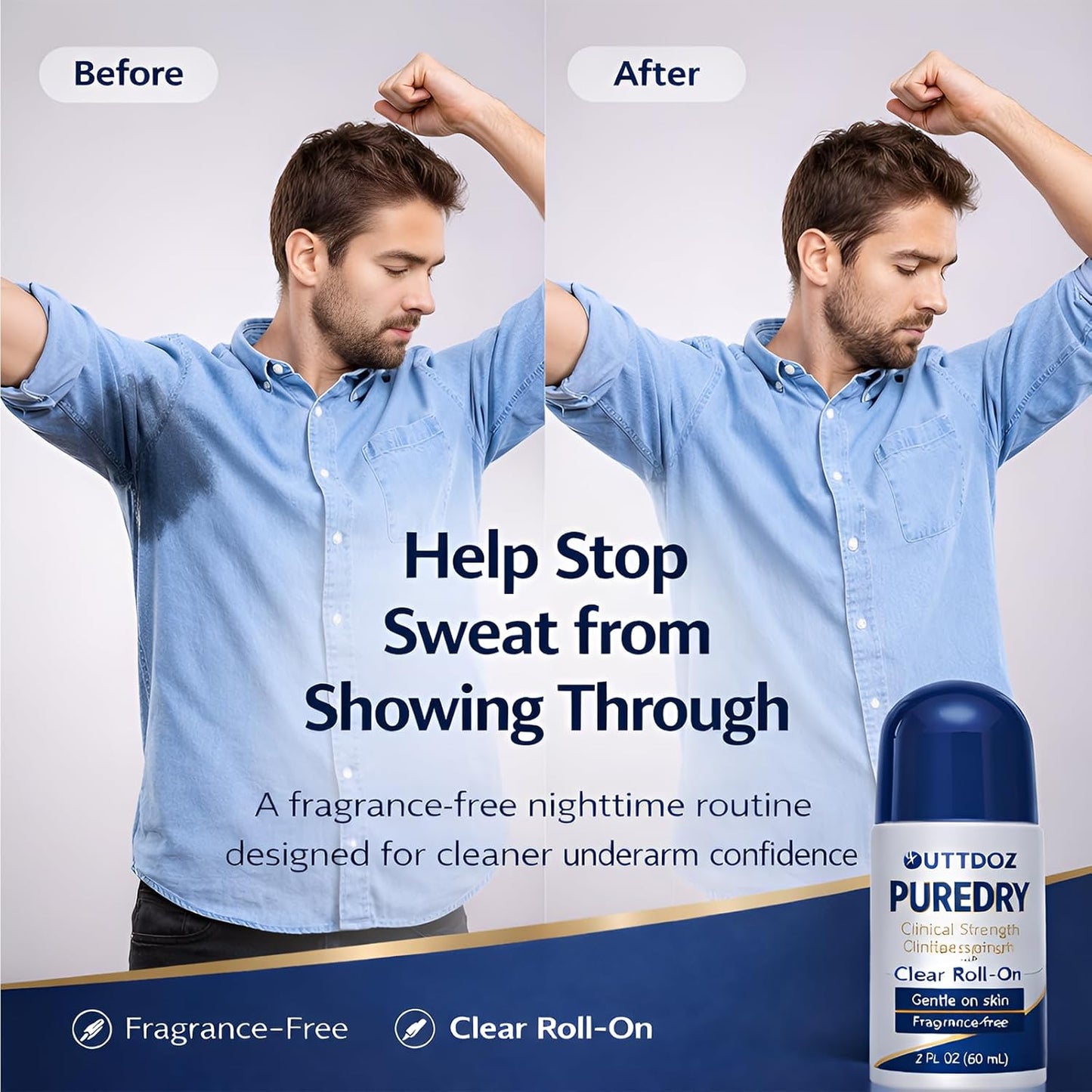 PURE DRY Antiperspirant Roll-On for Underarms, Fragrance-Free Clinical Sweat Control for Men & Women, Clear Nighttime Formula for Sweaty Underarms, Alcohol-Free, 2 fl oz