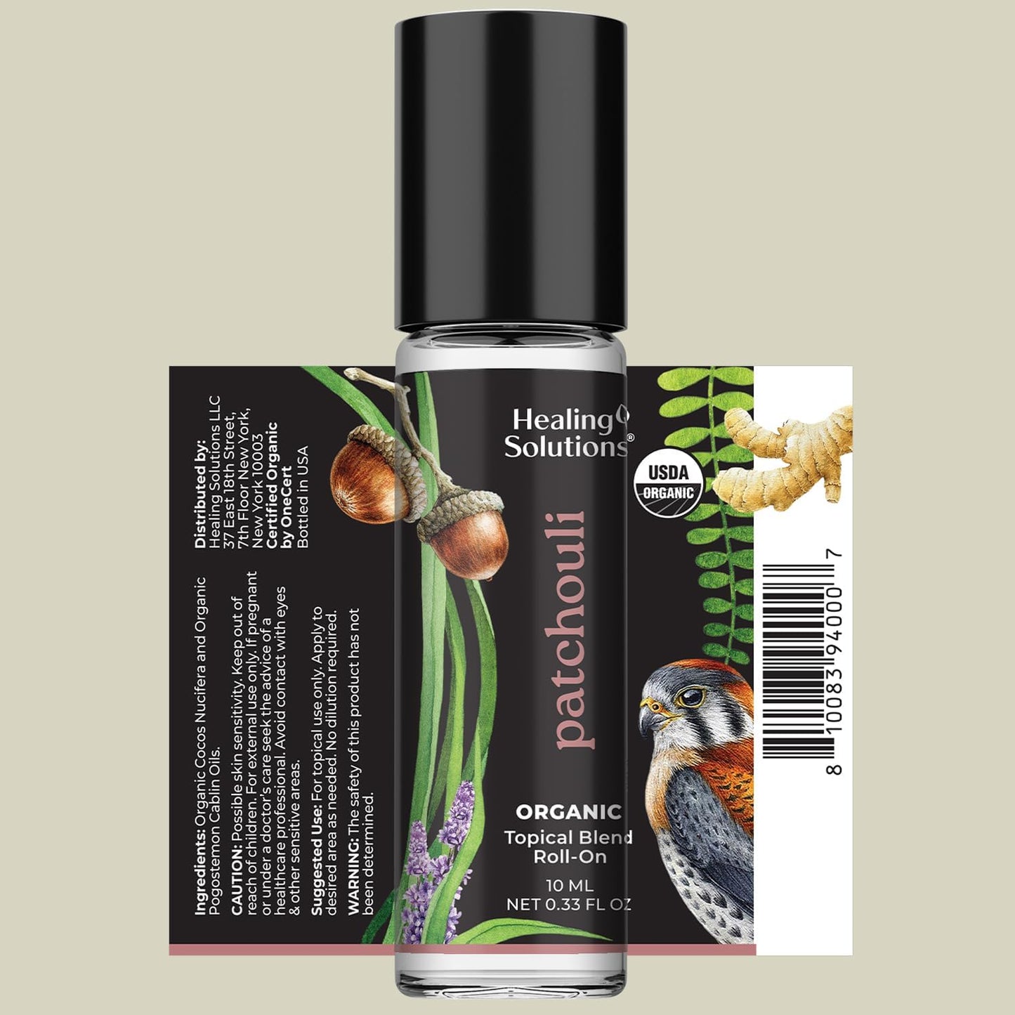 Healing Solutions - Organic Patchouli Essential Oil Roll On USDA Certified, Calm Meditation, Skin, Body Oil, Gifts for Women, Perfume - 10ml