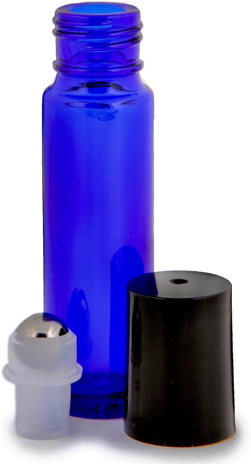 Vivaplex, 12, Cobalt Blue, 10 ml Glass Roll-on Bottles with Stainless Steel Roller Balls. 3-3 ml Droppers included