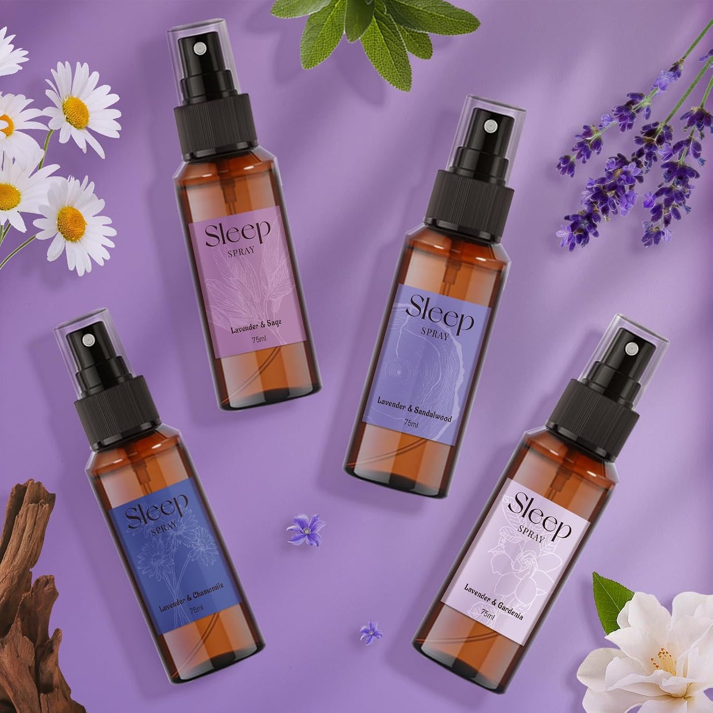 STRN Sleep Spray, Lavender Essential Oil Mist, Sleep Spray for Pillows, 4 Lavender Scented - Gardenia, Chamomile, Sandalwood, Sage, Sweet Dream Fragrance, 75 ML x 4 Packs
