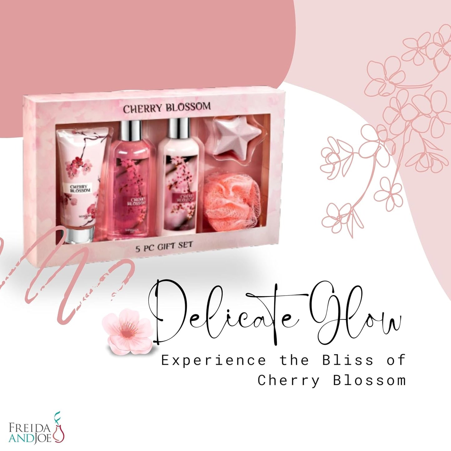 Fragrance Bath & Body Collection Gift Box, Includes Shower Gel, Body Lotion, Body Scrub, Bath Bomb & Sponge (Cherry Blossom) – Mother's Day Gift for Mom
