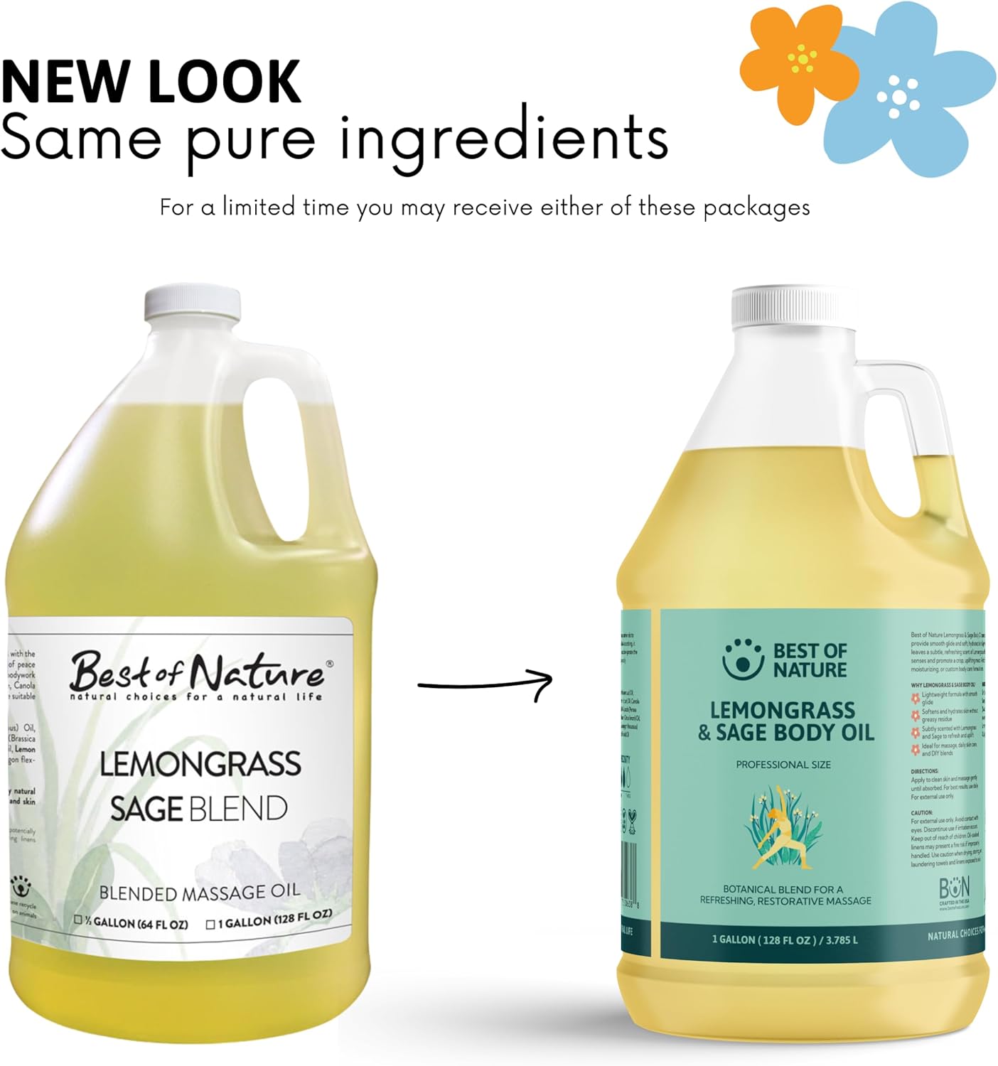 Best of Nature Lemongrass and Sage Massage Oil Blend - Non-Greasy Aromatherapy Massage Oil for Body, Skin & Face, Crafted with Pure Essential Oils, Half Gallon (64 fl oz)