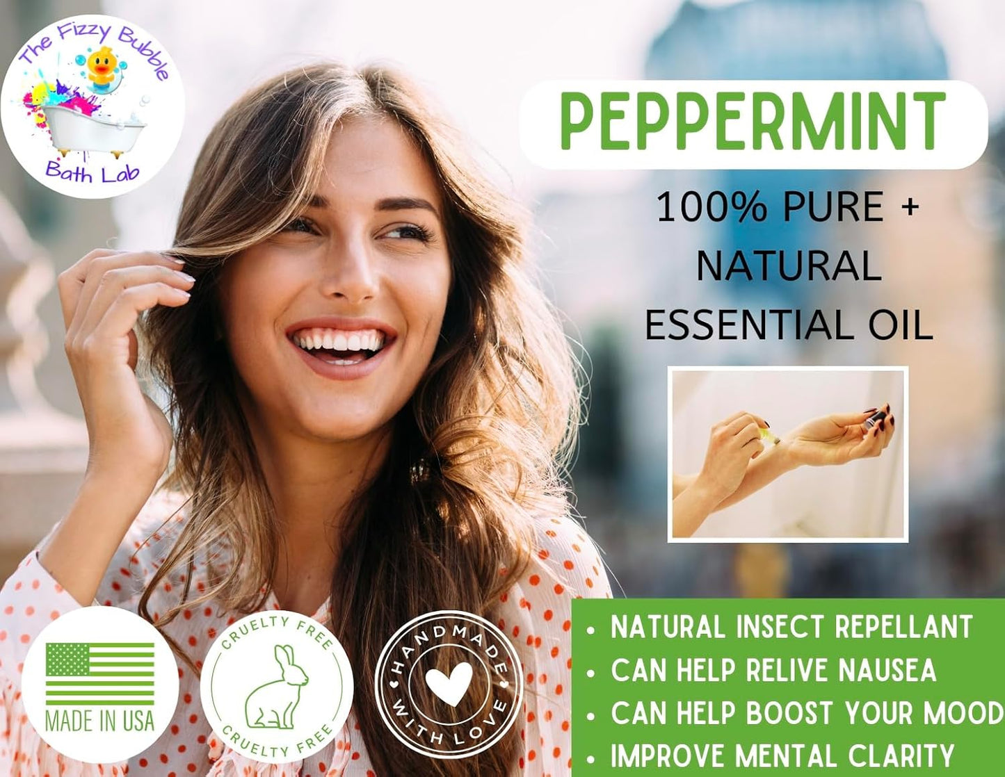 Organic Peppermint Essential Oil Roll On, 100% Pure USDA Certified, Mentha Piperita, Aromatherapy for Headache, Migraine, Hair & Energy - 10 ml Roller by The Fizzy Bubble Bath Lab