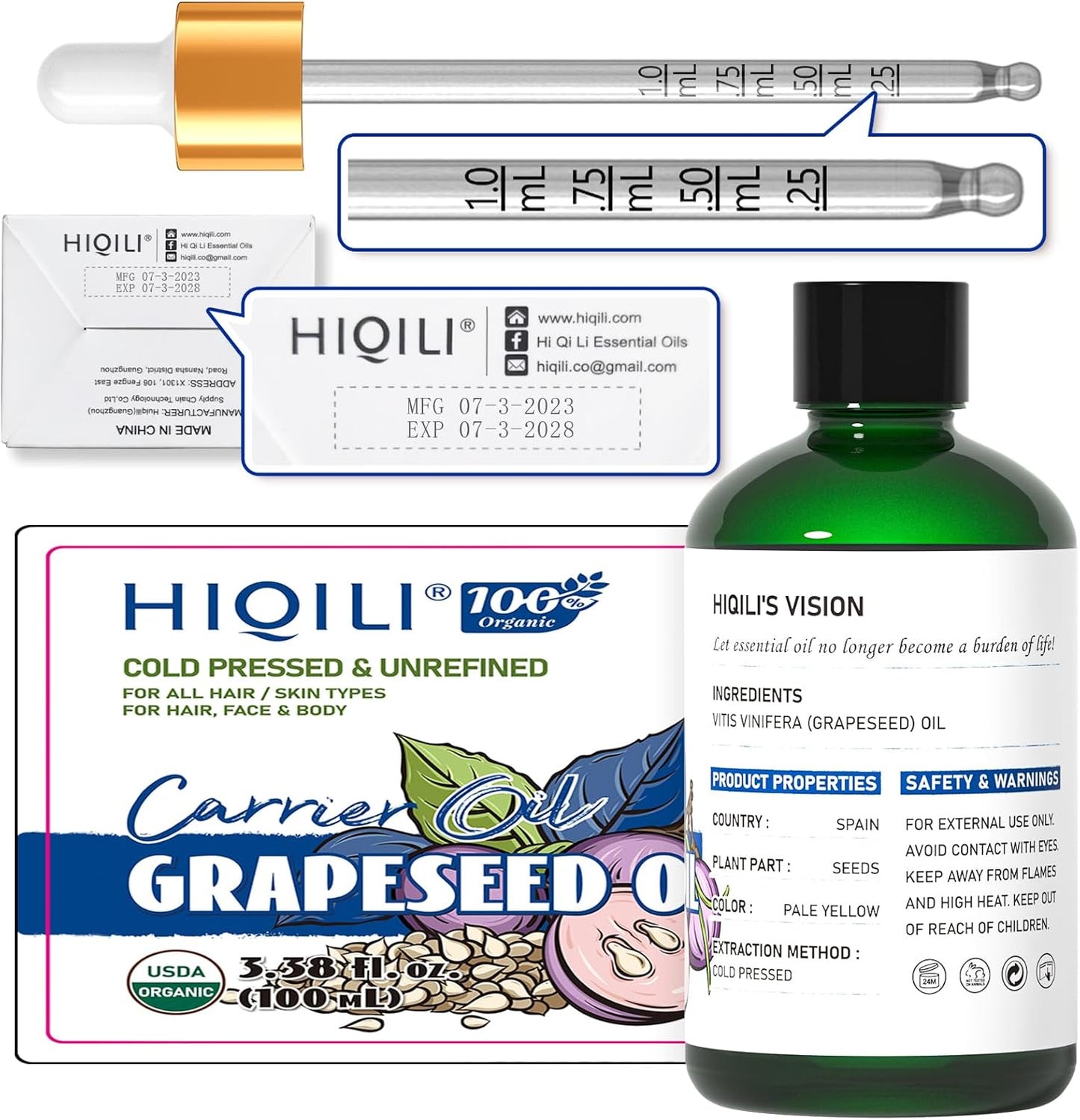 HIQILI 3.38 Fl Oz Organic Grapeseed Oil for Hair, for Skin, Carrier Oil for Essential Oils Mixing, 100% Pure & Natural-100ML