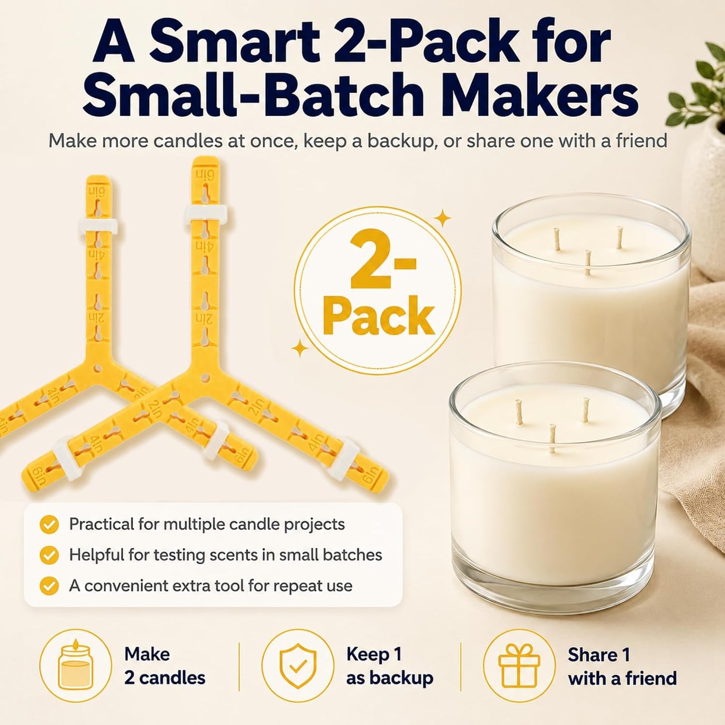 3-Wick Candle Holder | Wick Centering Tool | Includes 2 Sizes Wick Stickers (40 Large + 48 Small) + 1 Cotton Linen Bag | ABS Material for Better Heat Resistance