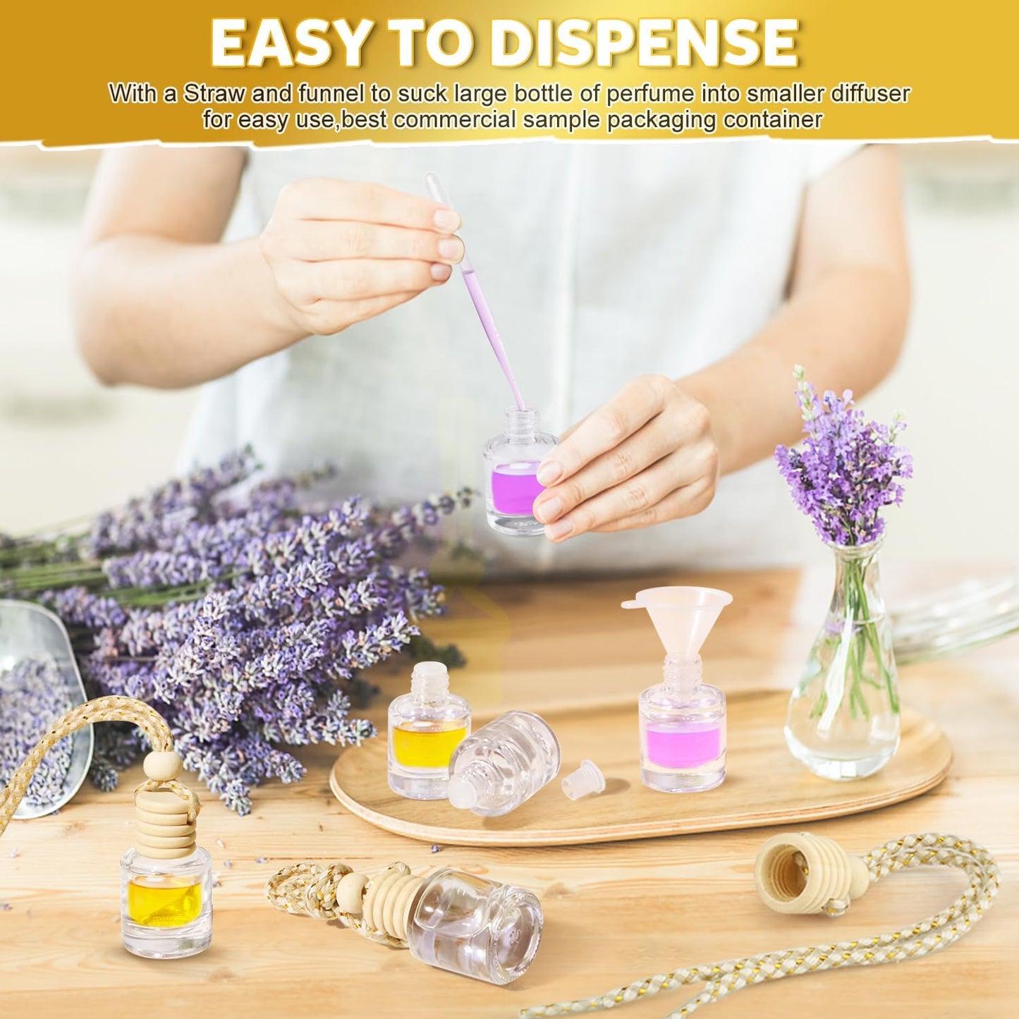 100 Pcs 8ml Hanging Car Air Freshener,Empty Clear Glass Essential Oil Diffuser Perfume Aromatherapy Pendant Bottle Vials Ornament Decor with Wooden Caps & Hanging String-Cylindrical Shape