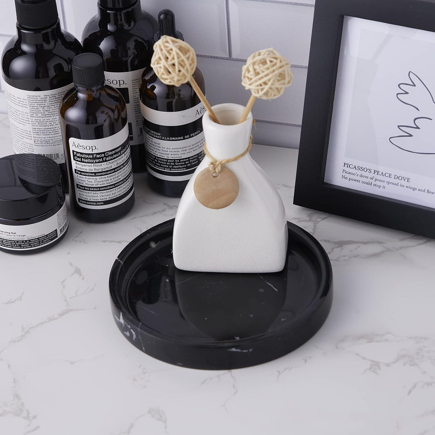 100% Carved Marble Round Vanity Tray 5.5'', for Kitchen Bathroom Countertop, Nightstand Decor, Candle Holder, Jewelry Rind Dish, Trinket Plate, Table Accents, Black