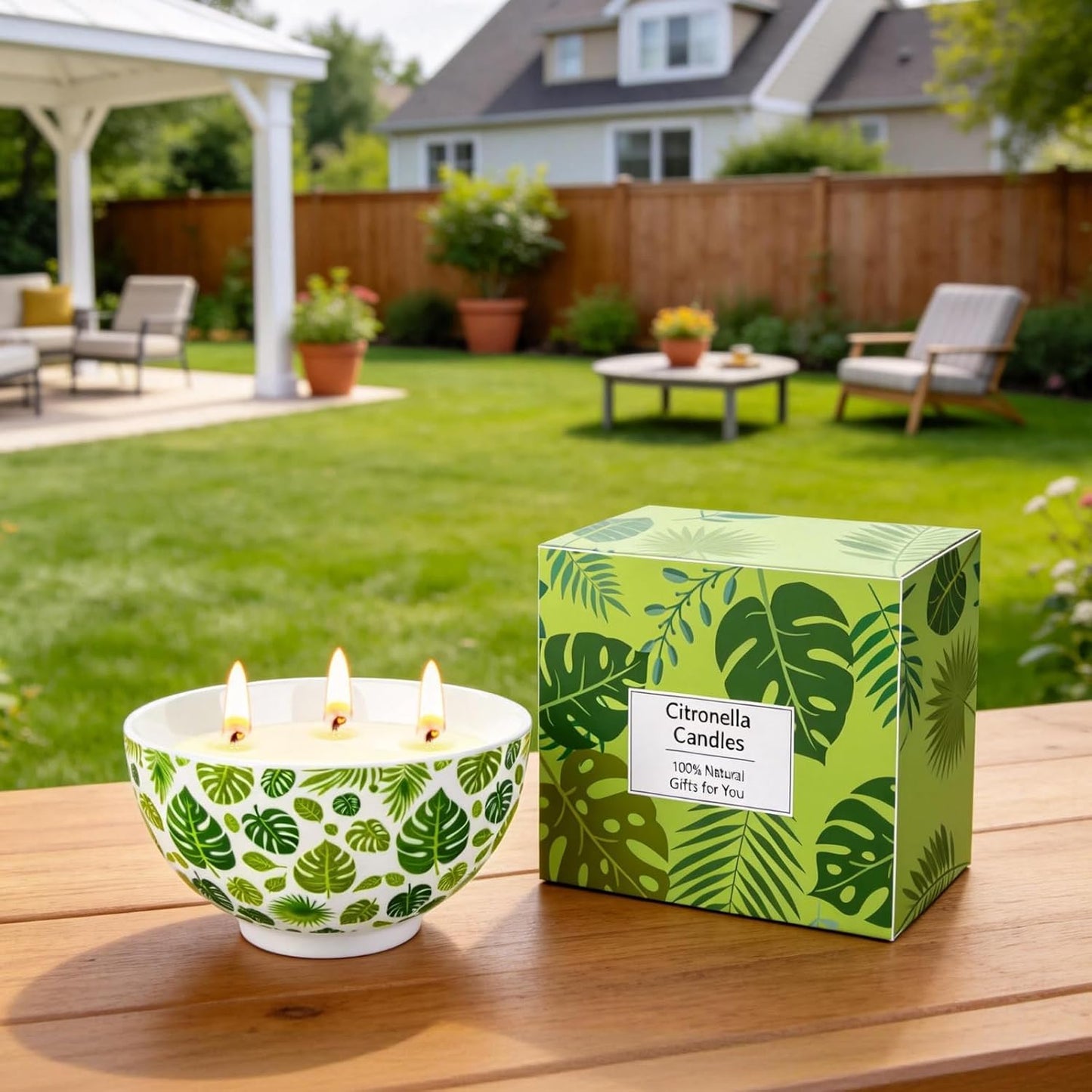 Citronella Candles Outdoor, 3 Wick Citronella Candles for Patio Natural Soy Wax with Essential Oil, Indoor and Outdoor Candle for Backyard, Garden, Camping, Balcony, and Summer Party, Ceramic Jar