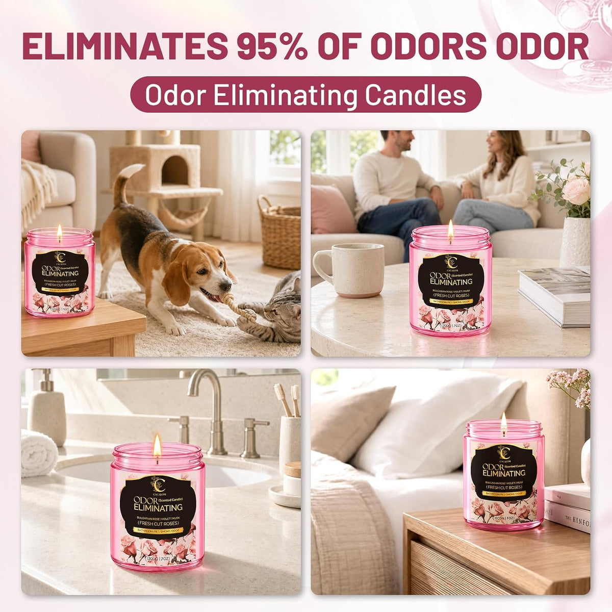 Odor Eliminating Candle, Soy Scented Candles for Home, Rose 7oz