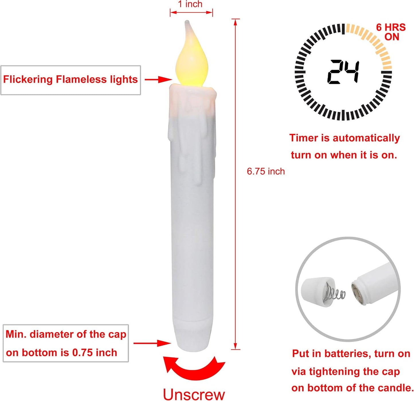 CVHOMEDECO. Flickering Taper Candles LED Drip Flameless Candles, Battery Operated with Timer, White, 6-3/4 Inch, Set of 2