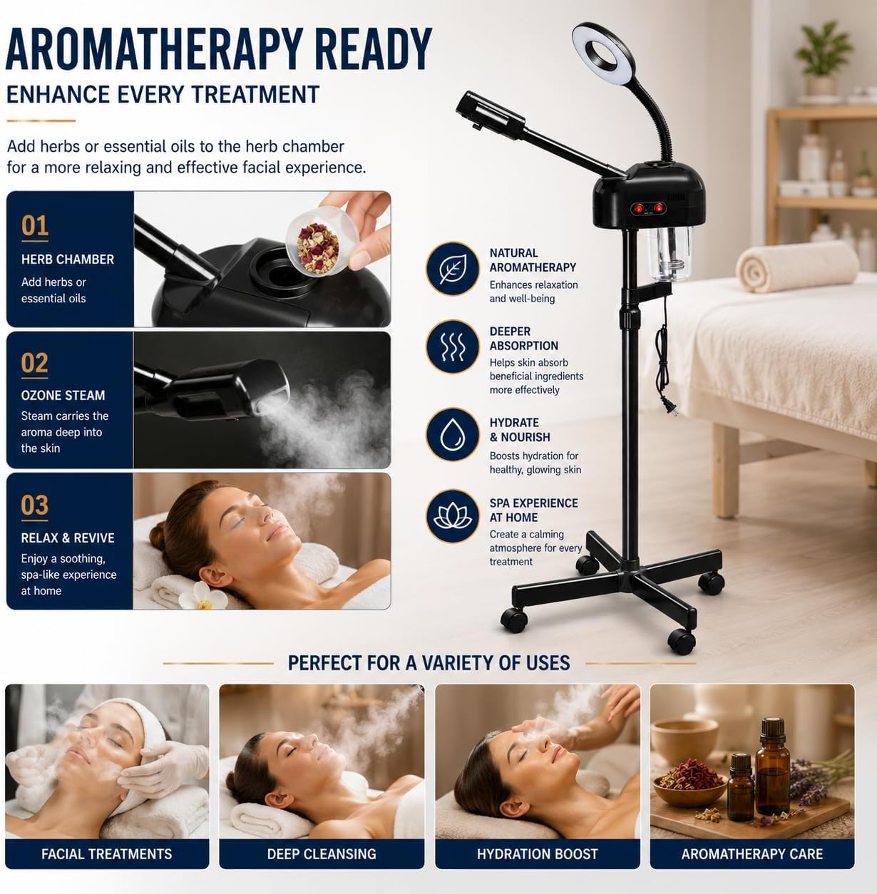2-in-1 Professional Facial Steamer with 3X Magnifying Lamp, Ozone Face Steamer with Adjustable Height, Rolling Stand, 750W, Black