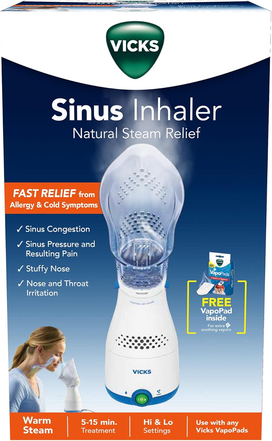 Vicks Sinus Inhaler, Plug-in Non-Medicated Steam Inhaler for Sinus Relief, Allergies, Congestion & Colds, Vocal Steamer, Soothes Nasal & Throat Passages, Works with VapoPads (1 Included)