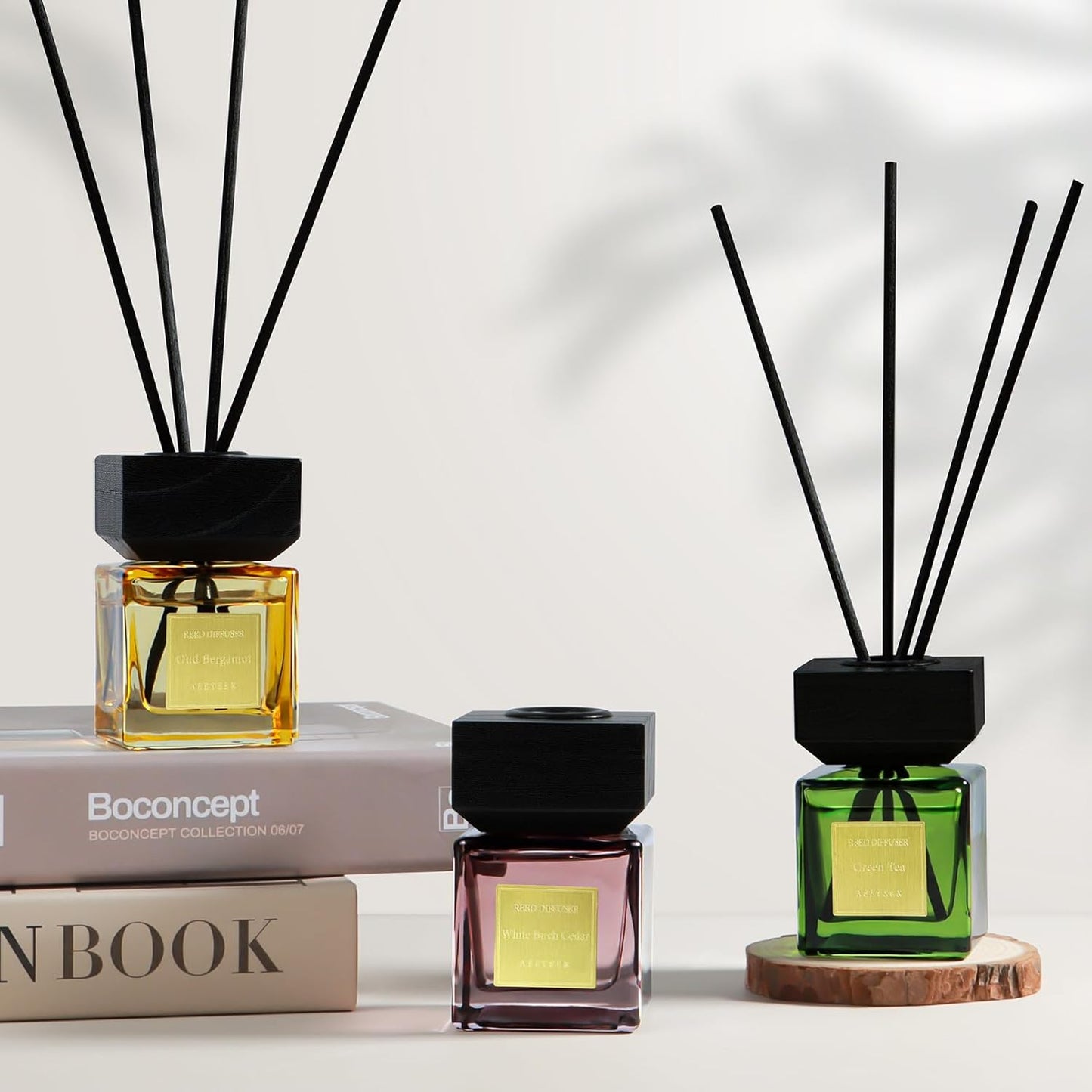 Reed Diffuser Set of 3, White Birch Cedar & Oud Bergamot & Green Tea Tree Essential Oil, 15 Diffuser Sticks, Hotel Collection Bathroom Air Fresheners, 50ml Home Fragrance for Christmas Decor