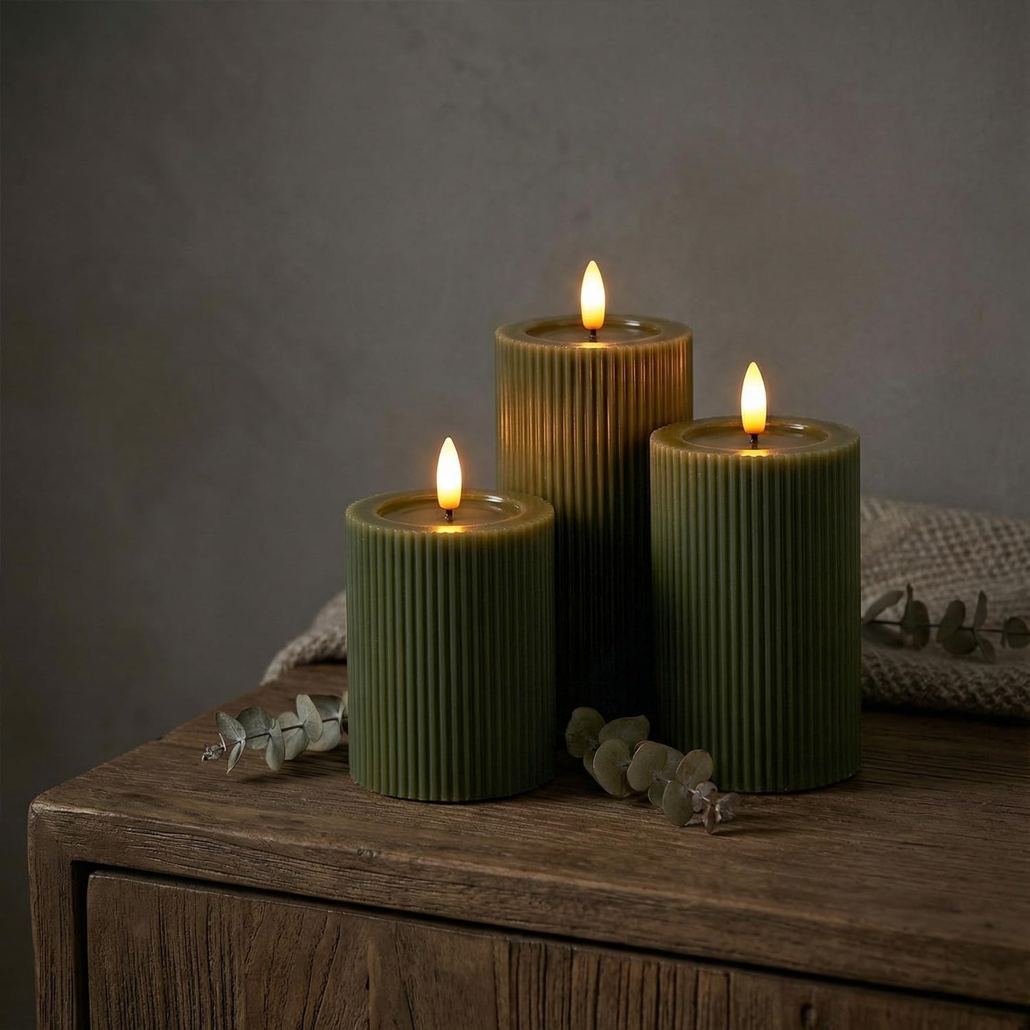 Fluted Ribbed LED Pillar Candles, Loden Green, with Reflective Melted-Wax Effect – Flickering Flame, Remote, Dimmable, Flameless, Battery Operated, Home & Wedding Decor (Set of 3)