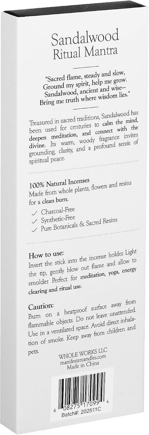 Sandalwood Incense Sticks 100% Natural, Clean, Non Toxic, Charcoal Free - Energy Cleansing, Protection, New Home Spiritual Smudging Incenses - 30 Sticks & Bamboo Holder (Sandalwood)