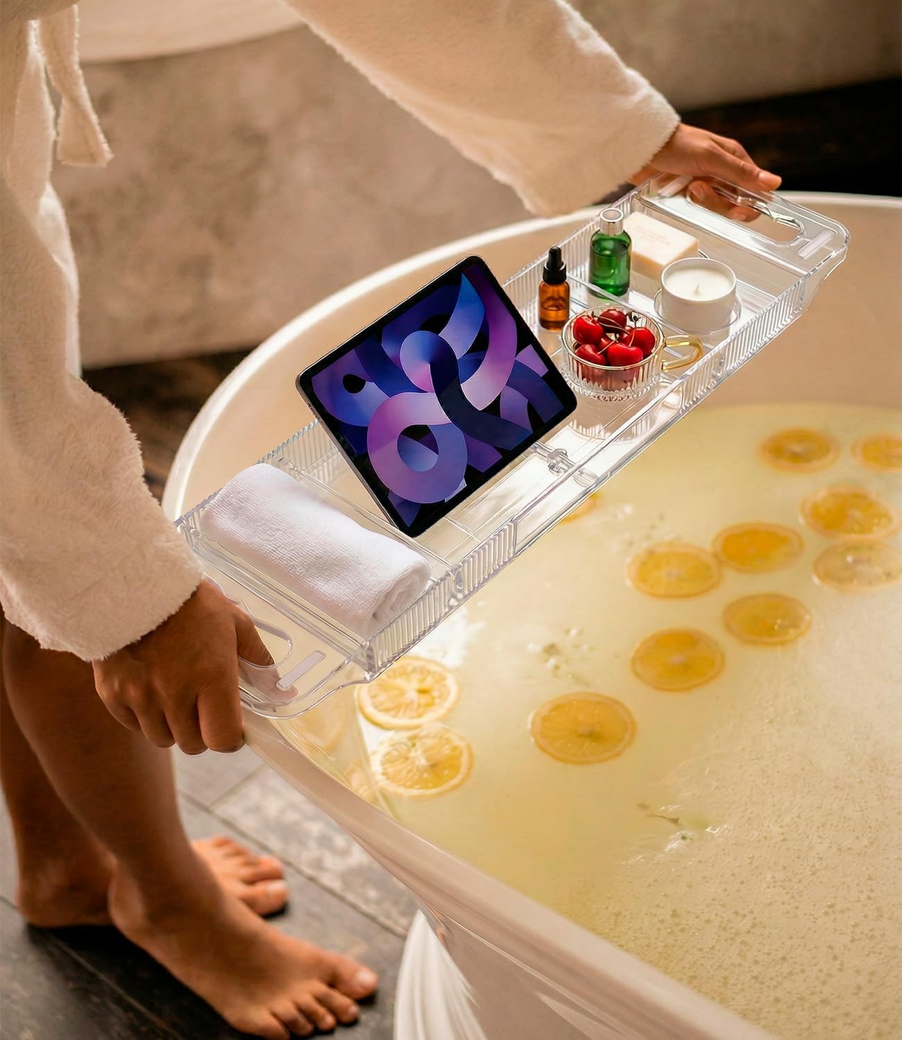 Bathtub Caddy Tray,Adjustable Bathtub Tray Table, Bath Organizer for Relaxing Spa-Features 2 Cup Holders, A Phone Stand with 5 Angle Adjustments,Non-Slip Silicone Pads,Won't Get Moldy,Easy to Clean.