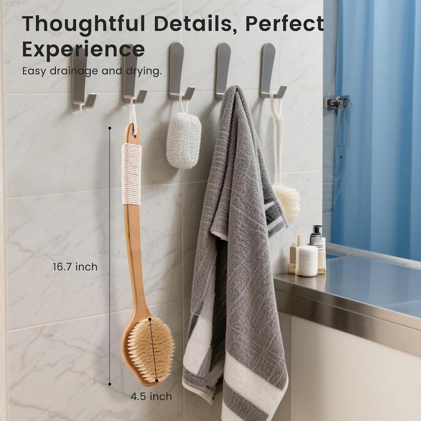 Back Scrubber for Shower,17in Bamboo with Curved Long Handle - Stiff Natural Boar Bristles for Men and Women, Deep Cleansing and Exfoliating, Anti-Slip Grip for Wet or Dry Brushing