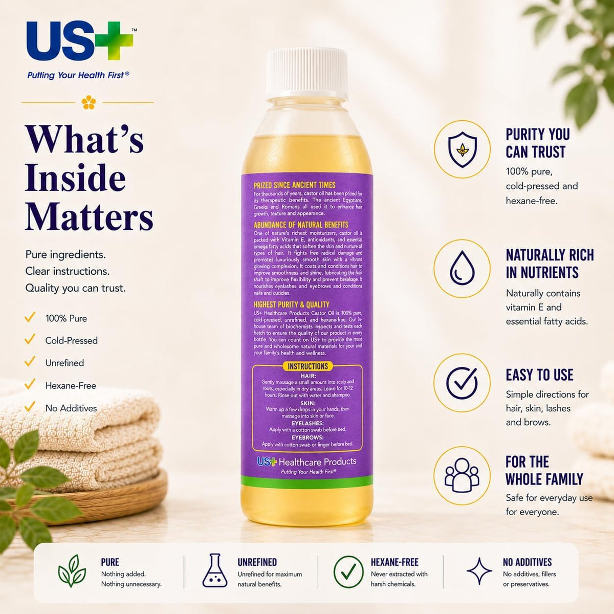 US+ Cold Pressed Castor Oil, 100% Pure, USP Grade - 10 Fl Oz (300 ml)