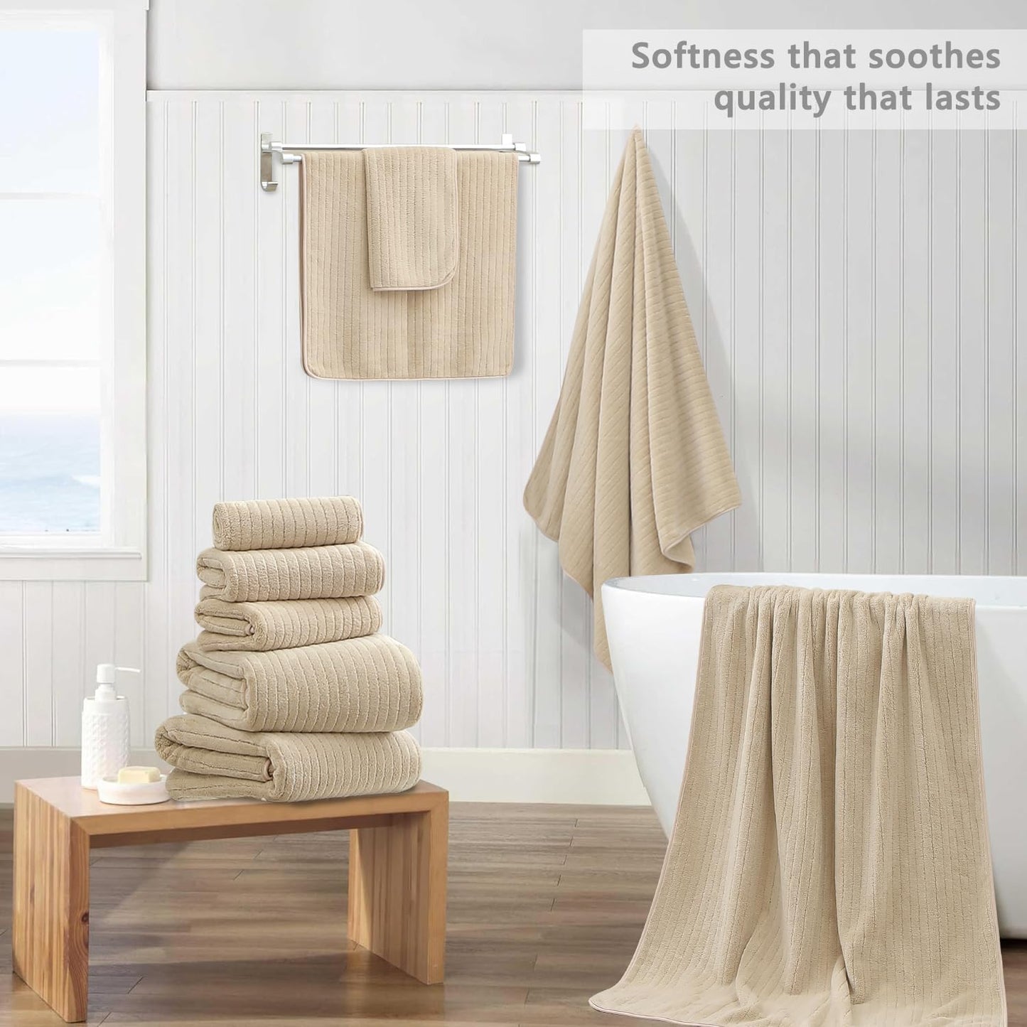 18 Piece Bath Towels Set,Ultra Soft Family Bathroom Towel Set with Hanging Loops-6 Bath Towels,6 Hand Towels,6 Washcloths,Highly Absorbent Quick Dry Shower Towel for Bathroom,Hotel,Spa-Beige Towel Set