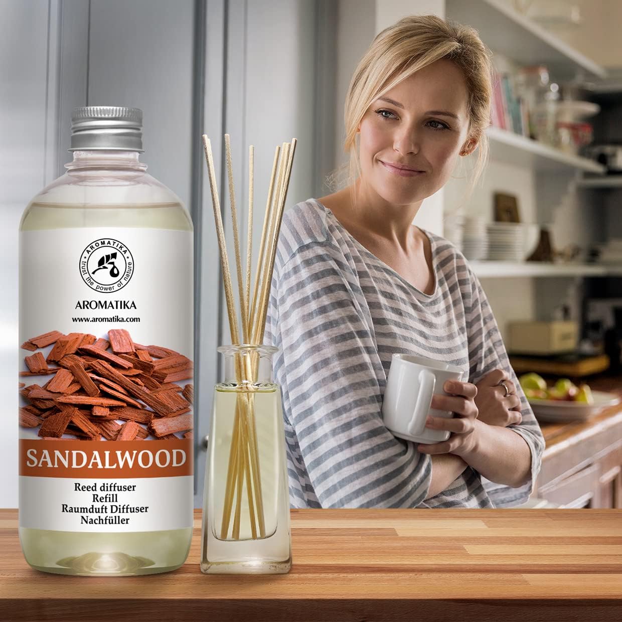 Reed Diffuser Refill Sandalwood 17 Fl Oz (500ml) - Room Diffuser - Home Fragrance - Scented Diffusers for Aromatherapy - Air freshener - Fresh/Intensive Fragrance