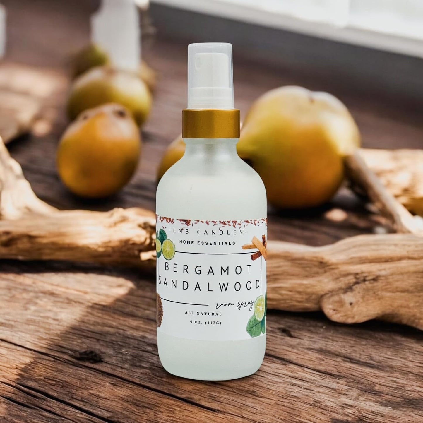 Bergamot Sandalwood Room and Linen Spray Made In USA Clean Ingredients Essential Oils Long Lasting Scent AIr Freshener Glass Bottle Pet Safe Musk Fruit Natural Home Fragrance