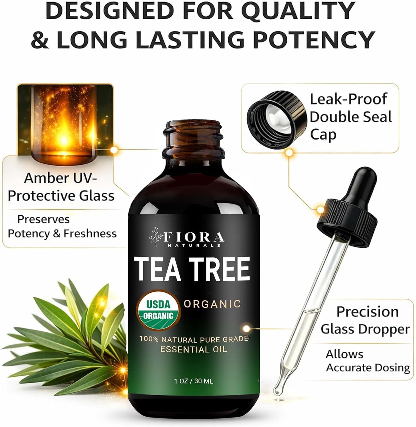 Tea Tree Oil – 100% Pure Organic Tea Tree Essential Oil for Skin, Face, Hair, Scalp, Nails, and Toenail – Therapeutic Grade Tree Tea Oil for Acne & Hair Growth – 1 fl oz - By Fiora Naturals