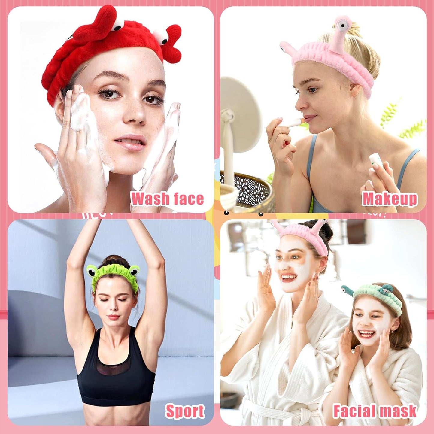 4 Pack Face Wash Headband Facial Makeup Skincare Headbands, Elastic Coral Fleece Spa Hairband for Washing Face, Cartoon Fun Frog Snail Crab Hair Accessories