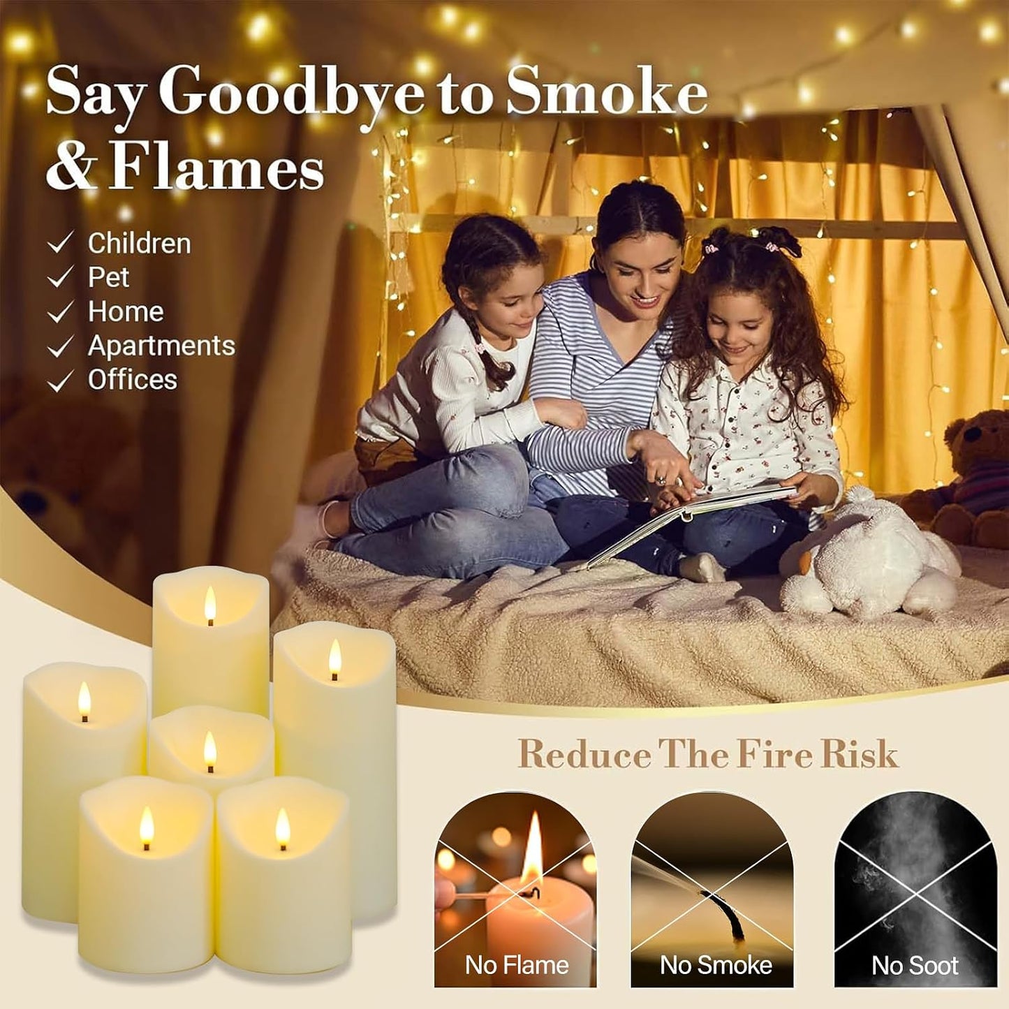Fo32won Flameless Flickering Candles with Remote Timer, Set of 6 Ivory Led Battery Operated Candles for Home Decor Xmas Halloween (D3 x H3 3" 4" 5" 6" 7")