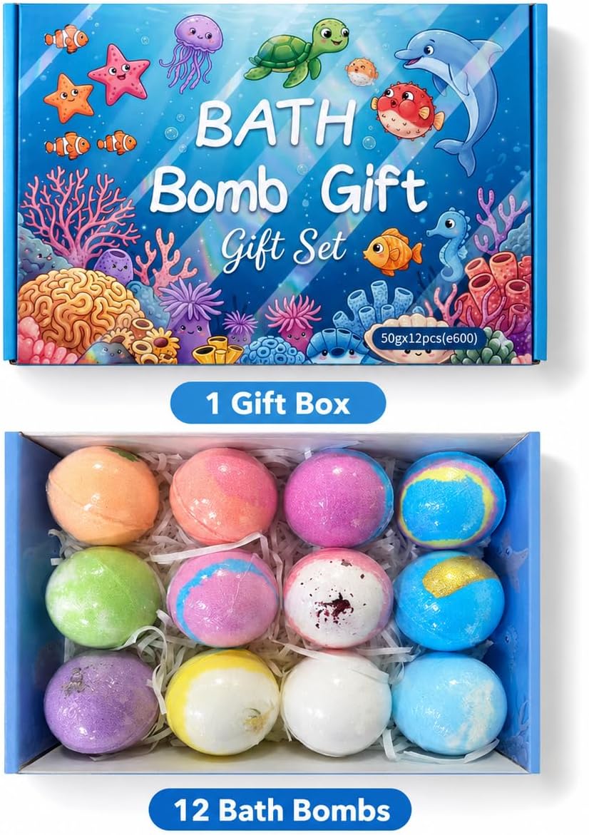 Ocean Bath Bomb Gift Set, 12 Pack Colorful Bath Fizzies, 1.76 oz Each, Bathwater Additive for Relaxing Soaks, Home Spa Bath Set for Women and Men