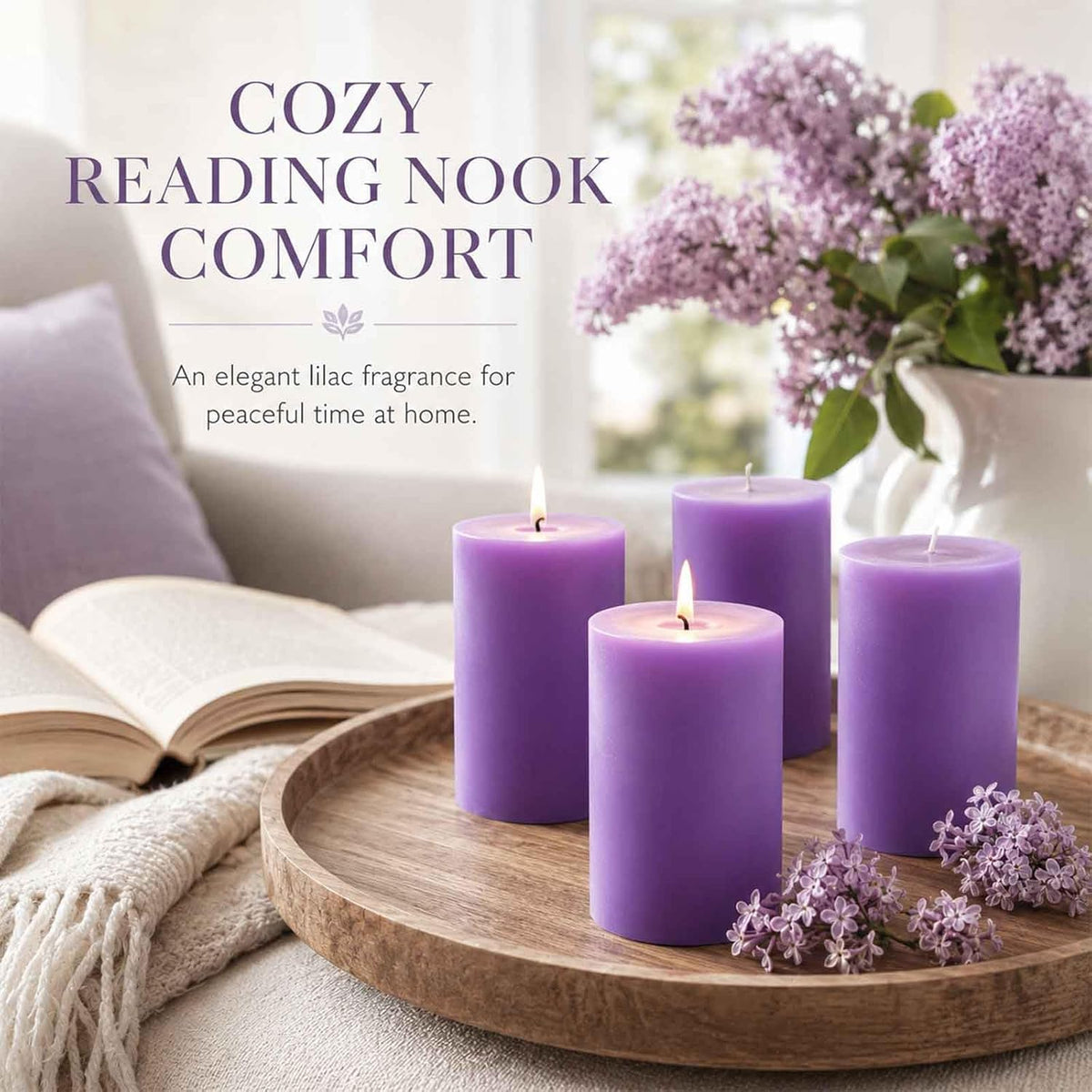 Lilac Scented Pillar Candles, Natural Soy Wax, Non-Toxic, 2.8x4Inch, 4 Pack