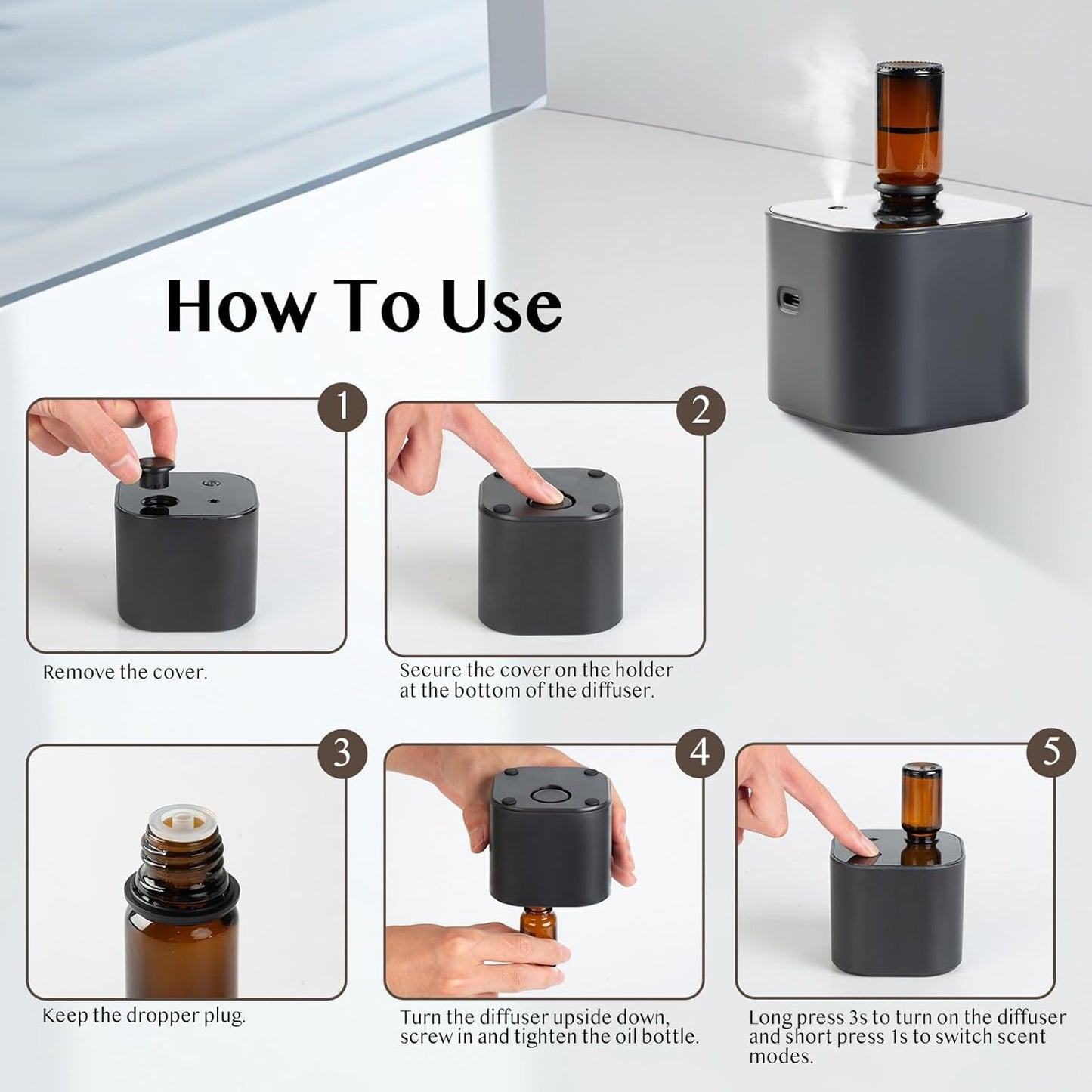 Waterless Essential Oil Diffuser, Portable Aroma Diffuser, Battery Operated, 3 Mist Modes, Aromatherapy Diffuser for Essential Oils, Cordless Scent Air Machine for Home, Office, Small Room, Black