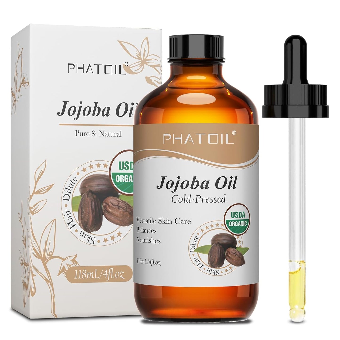 PHATOIL Organic Jojoba Oil Cold Pressed USDA Certified Premium Grade Jojoba Oil Deeply Moisturizing Carrier Oils for Skin, Body, Face, Nails and Hair Growth, Massage, Essential Oils Mixing(118ML)