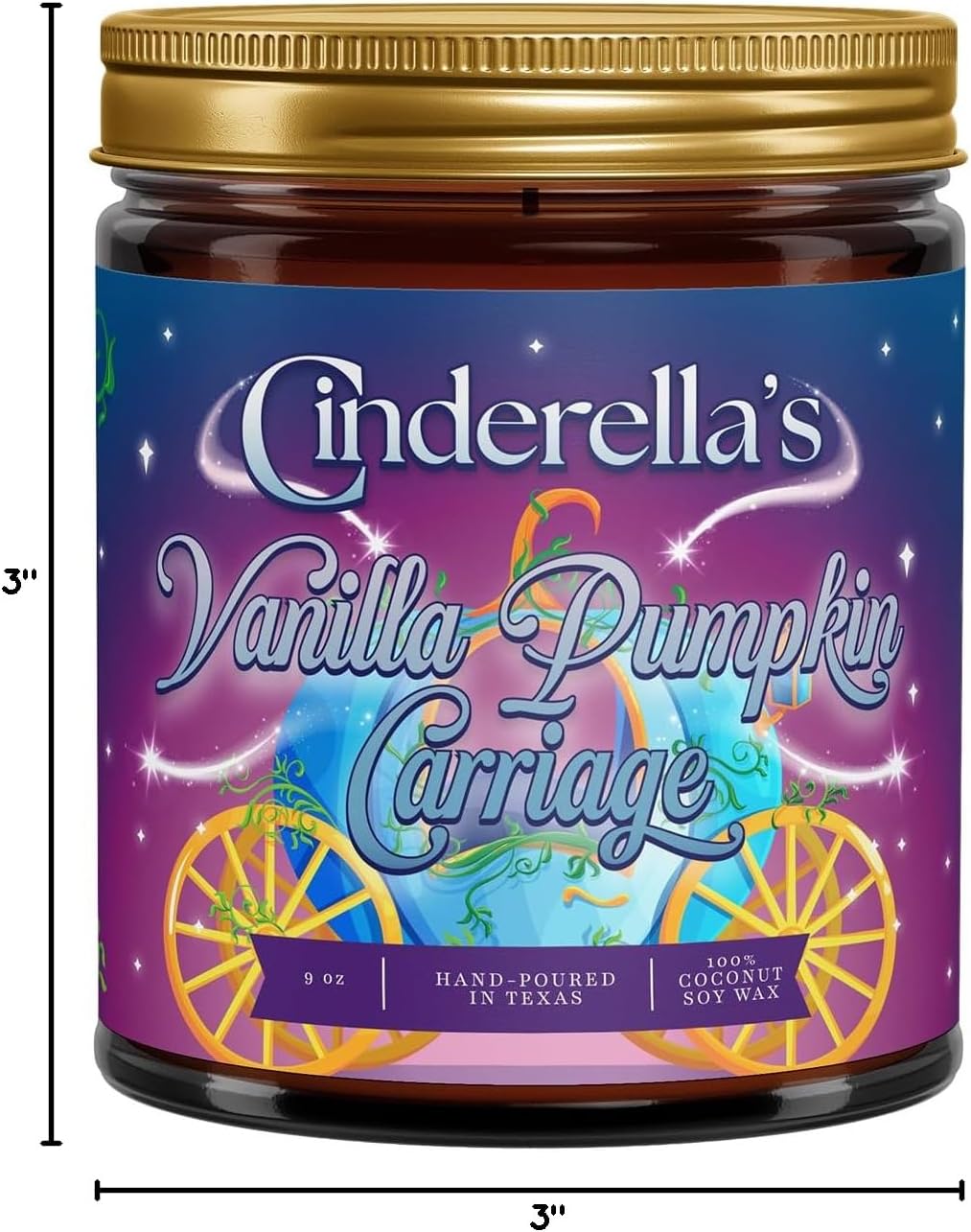 Fantaswick's Cinderella's Vanilla Pumpkin Carriage Scented Candle | 100% Natural Coconut Soy Wax & Cotton Wick in Amber Candle Jar | Hand-Poured in Texas | 9oz