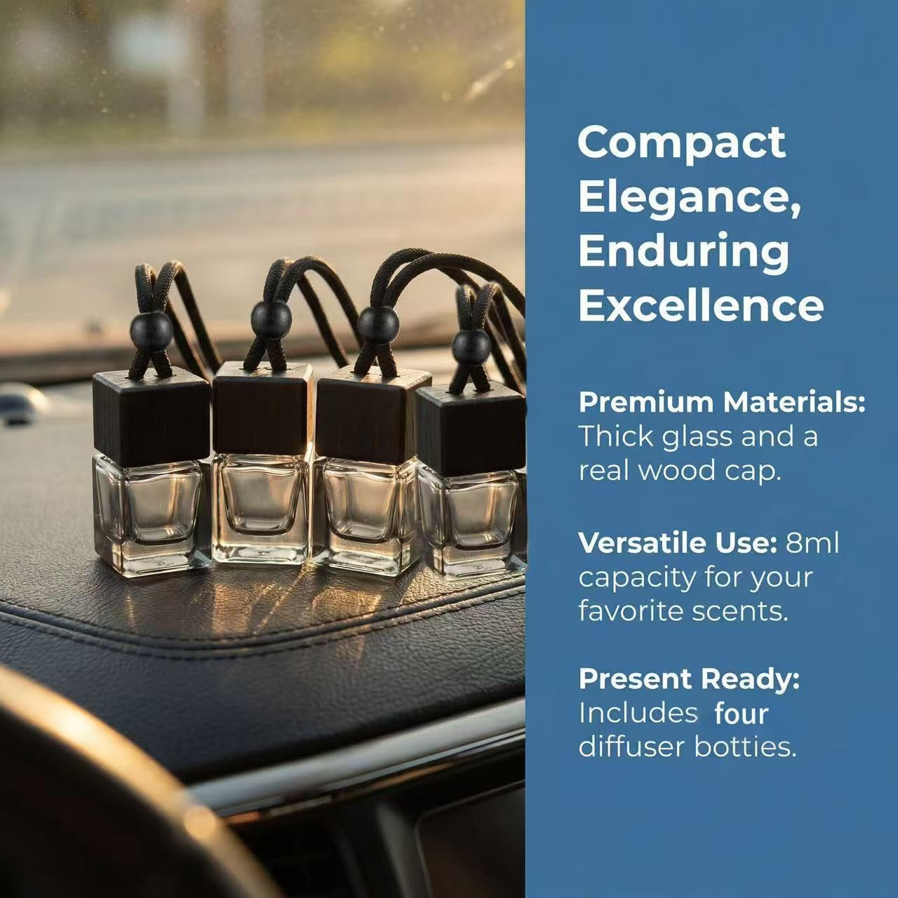 4Pcs Hanging Car Air Freshener Empty Diffuser Bottles, Black Glass Essential Oil Perfume Pendant for Auto Home Office Decoration