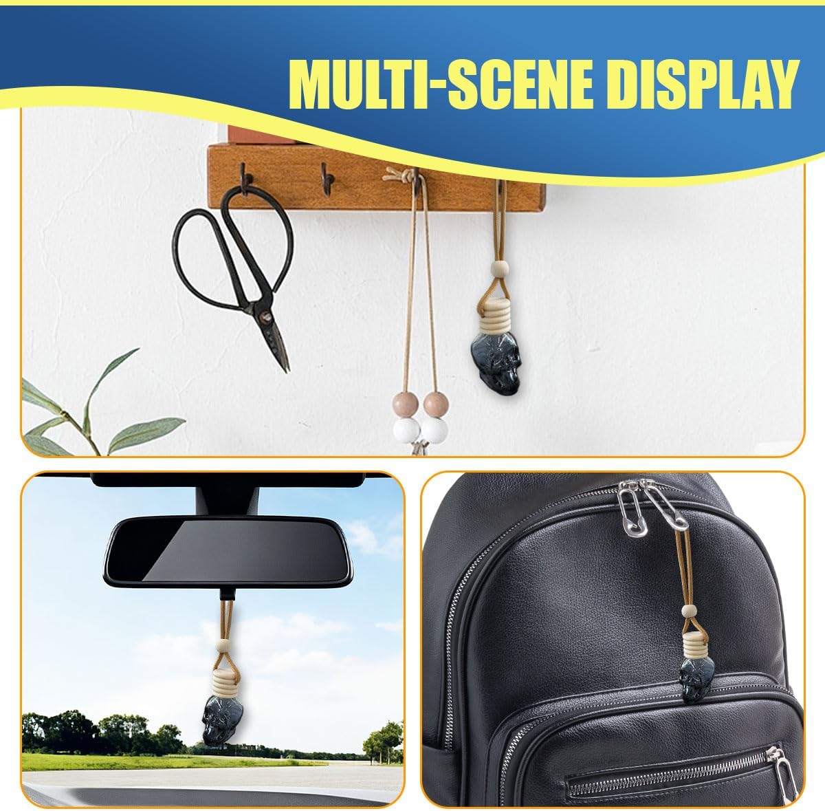 2PCS Hanging Car Essential Oil Diffuser Bottles, Skull Auto Interior Decoration Pendant, Refillable 8ml Empty Glass Bottle Auto Ornament, Funny Car Rear View Mirror Charm Accessories (Shoelace)